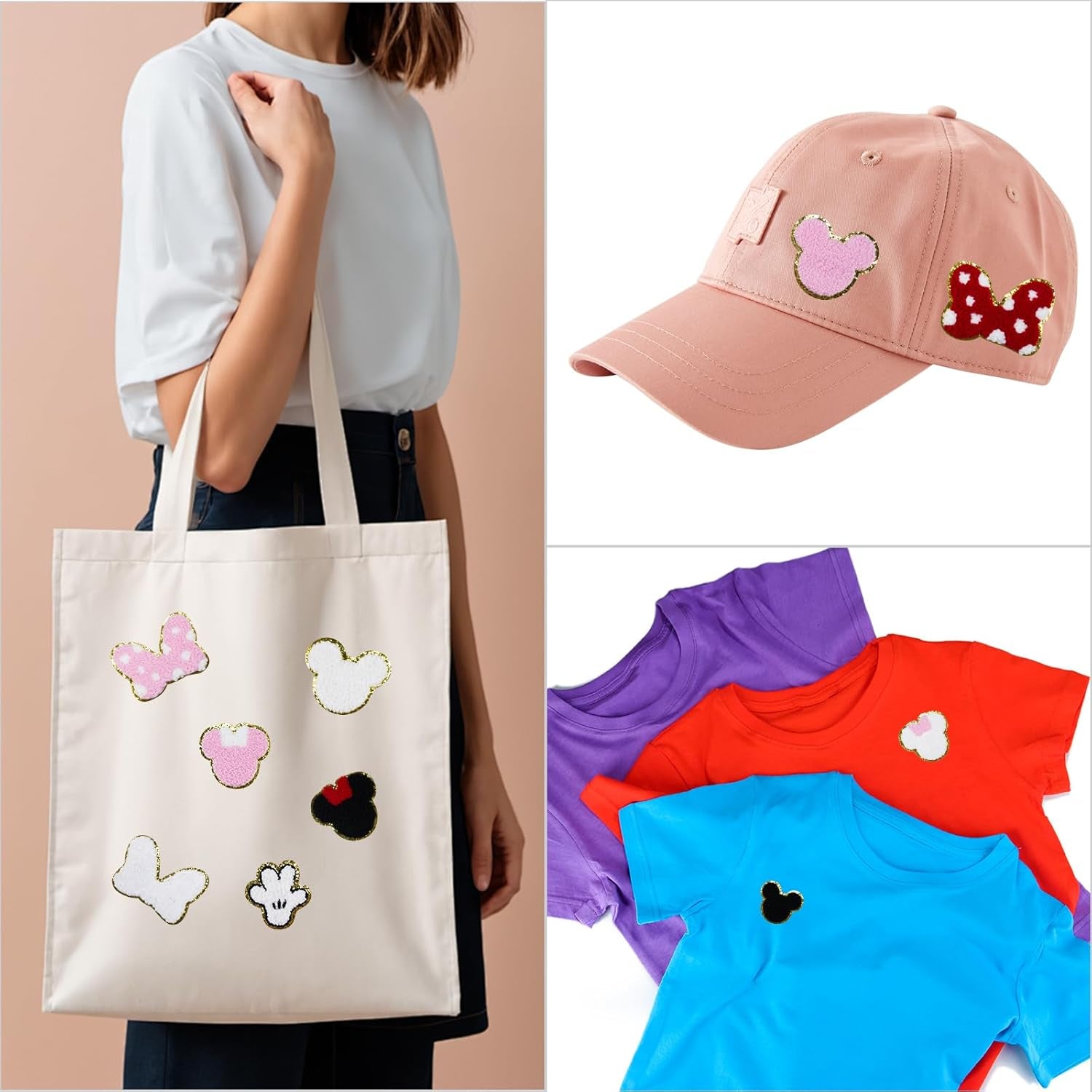 20Pcs Minnie Themed Patch, Pink Mouse Chenille Patches Gold Edges Bowknot Iron on Patch for Bags Hat DIY Clothing Repair