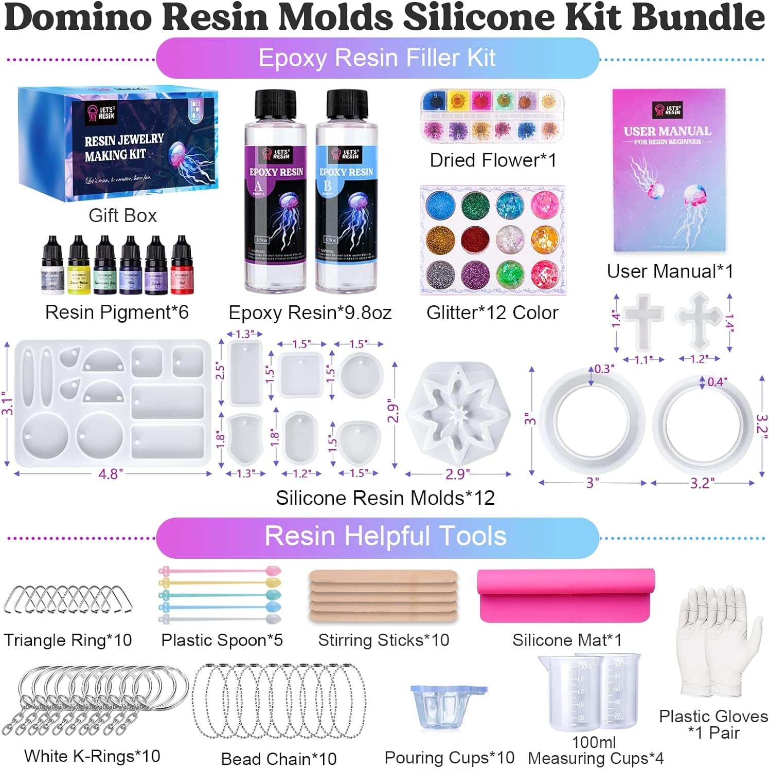 Crystal Epoxy Resin Jewelry Making Kit,Epoxy Starter Kit Casting Resin Molds Kit for Beginner Include 12 Pcs Silicone Molds,9.8Oz Resin,Resin Tools and Resin Supplies