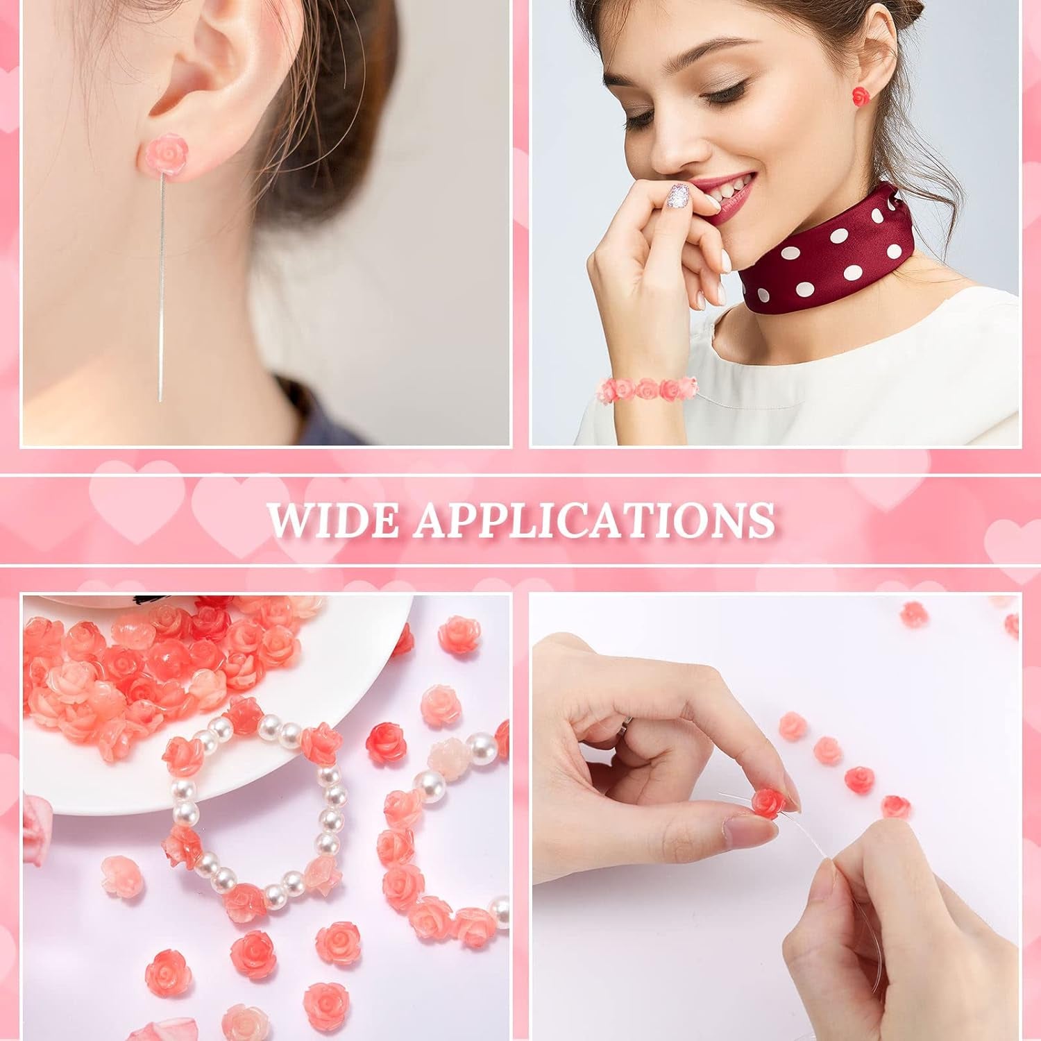 50Pcs Rose Beads Pink Shell Rose Carved Loose Beads Floral Cameos Spacer Bead for Buddha Mala Jewelry Making Necklace Bracelet Supplies Scrapbooking DIY Crafts Wedding Decors