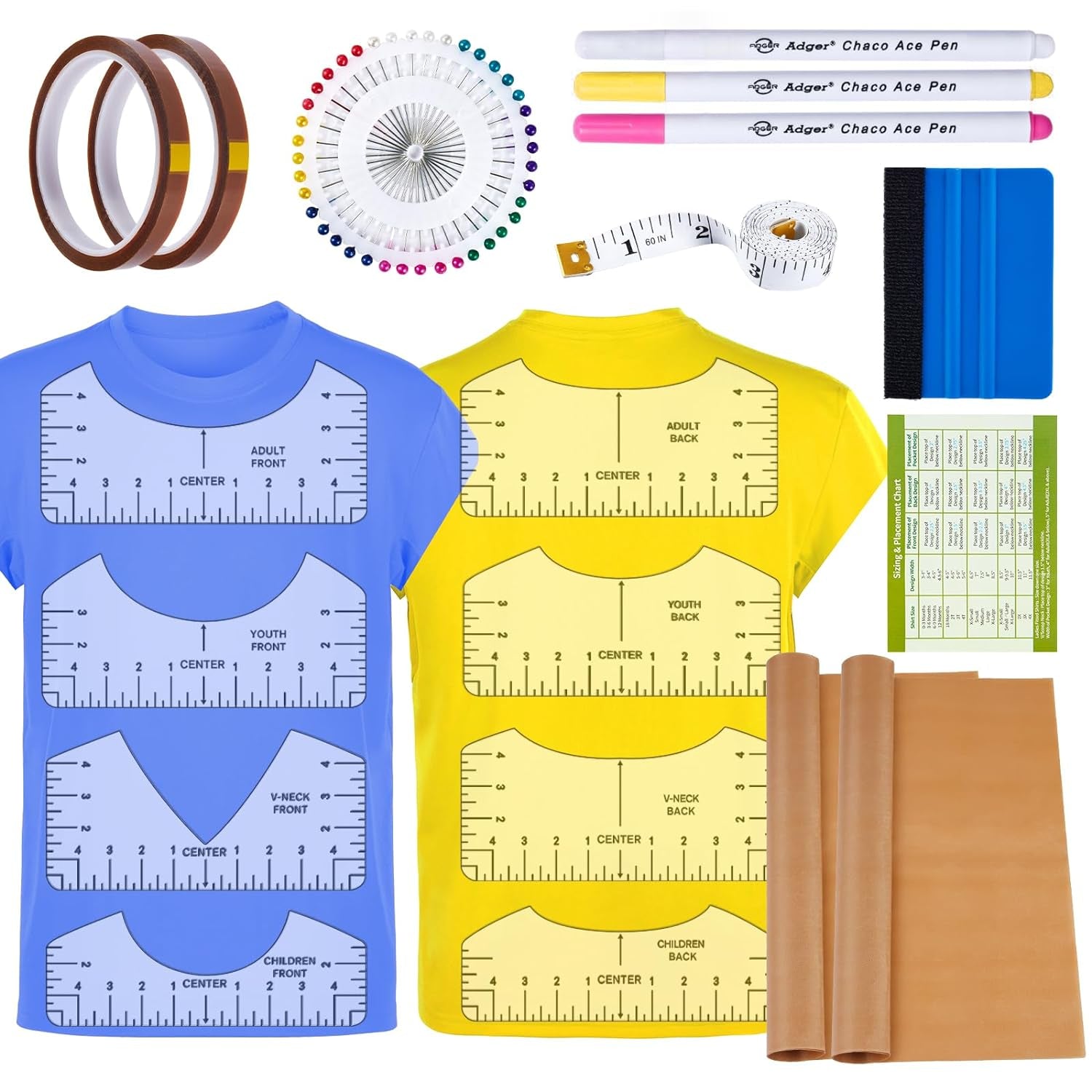 18Pcs Sublimation Accessories, Tshirt Ruler Guide Vinyl Alignment Tool, Heat Press Accessories, Teflon Sheet Non Stick 16X20", Heat Resistant Tape 0.4"X108Ft, PVC T Shirt Rulers to Center Designs
