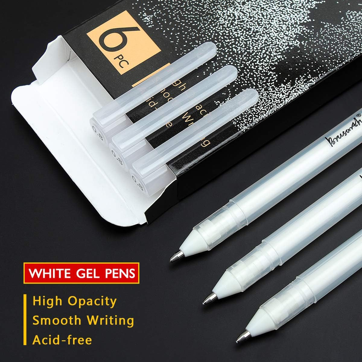 White Gel Pen Set - 0.8 Mm Extra Fine Point Pens Gel Ink Pens for Black Paper Drawing, Sketching, Illustration, Card Making, Bullet Journaling, Pack of 6