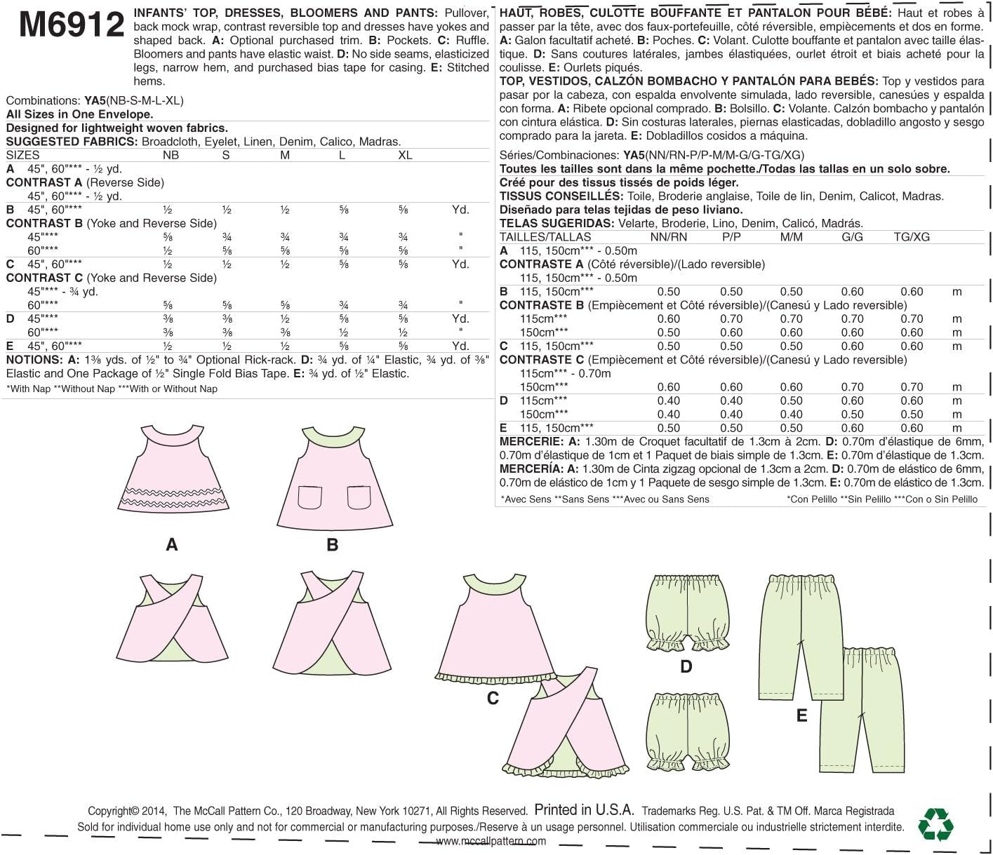 Mccall Pattern Company M6912 Infants Reversible Top Dresses Bloomers and Pants, Size YA5
