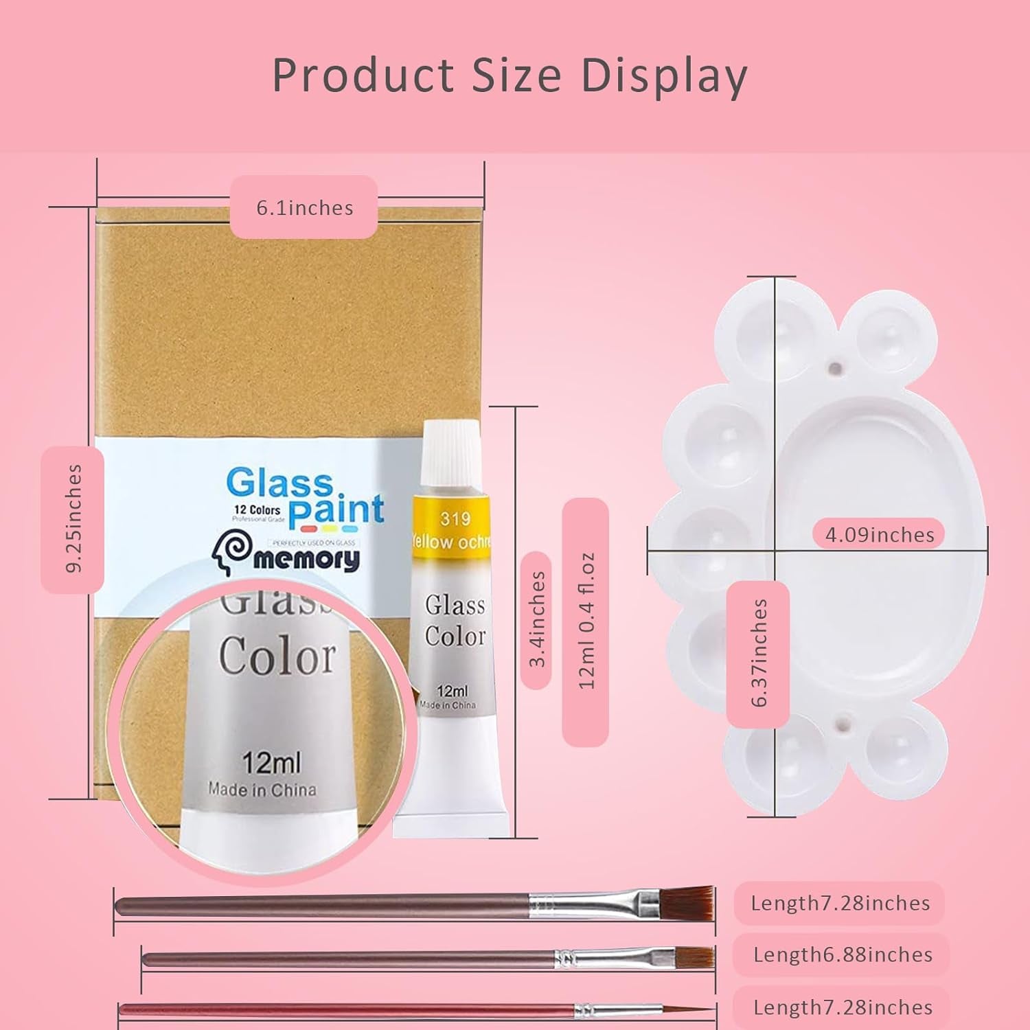 Stain Glass Paint Kit with 12 Colors, 3 Nylon Brushes, 1 Palette, Permanent Acrylic Enamel Painting Set to Create Translucent Arts on Transparent Wine Glasses, Enamel, Window and Glass