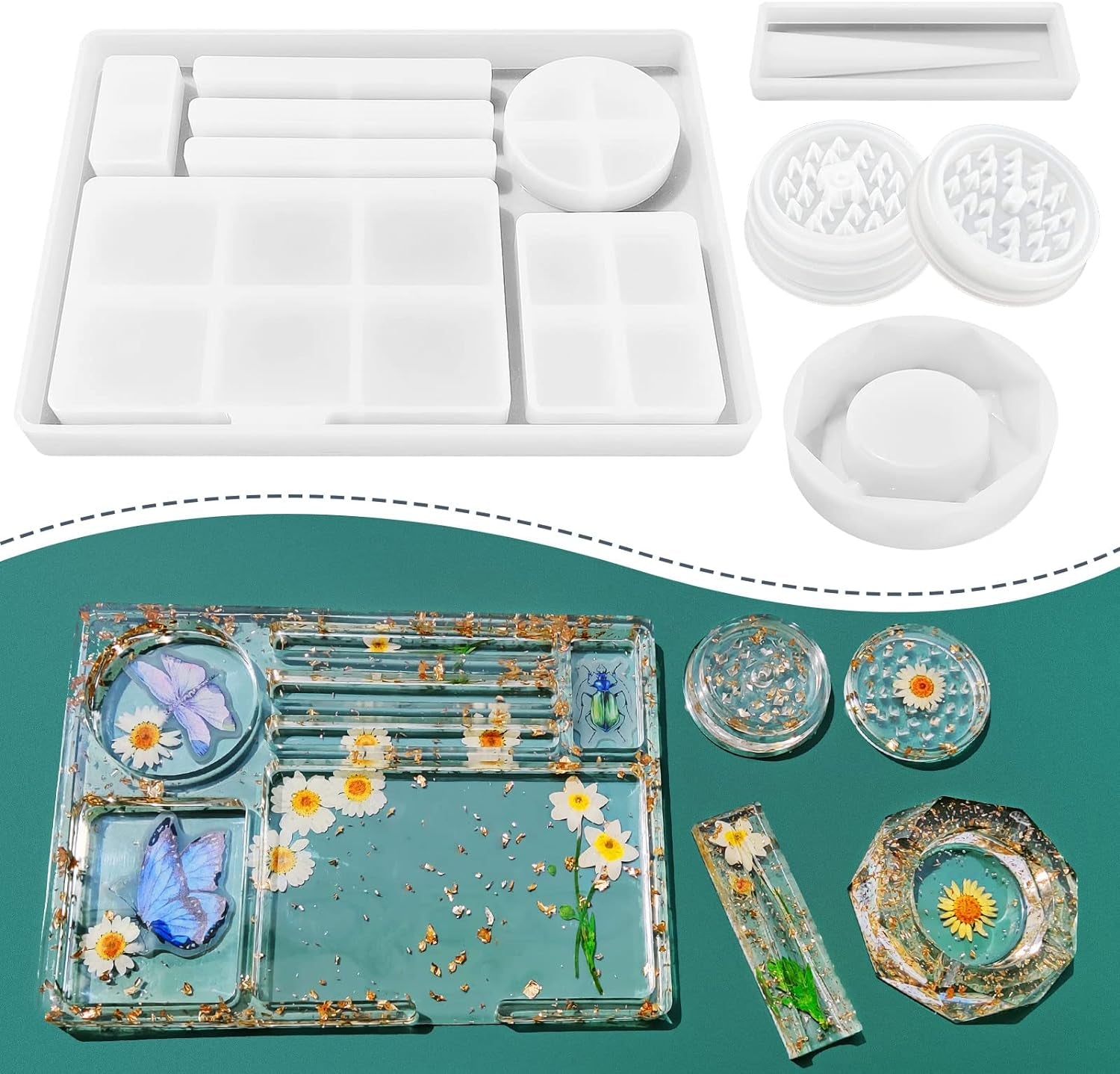 6 PCS Silicone Molds for Resin - Large Resin Molds with Rolling Tray Mold and Resin Grinder Mold for Grind and Storage, DIY Resin Epoxy Kit