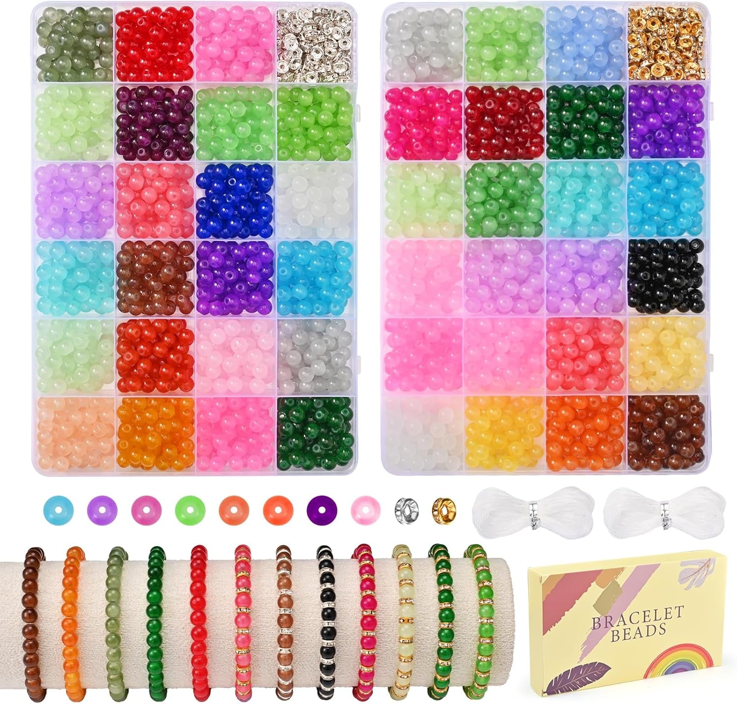 1100PCS 6Mm Glass Beads for Jewelry Making, 24 Vibrant Colors Crystal round Glass Beads for Bracelets, Complete Bracelet Making Sets for Girls DIY Crafts &amp; Friendship Bracelets