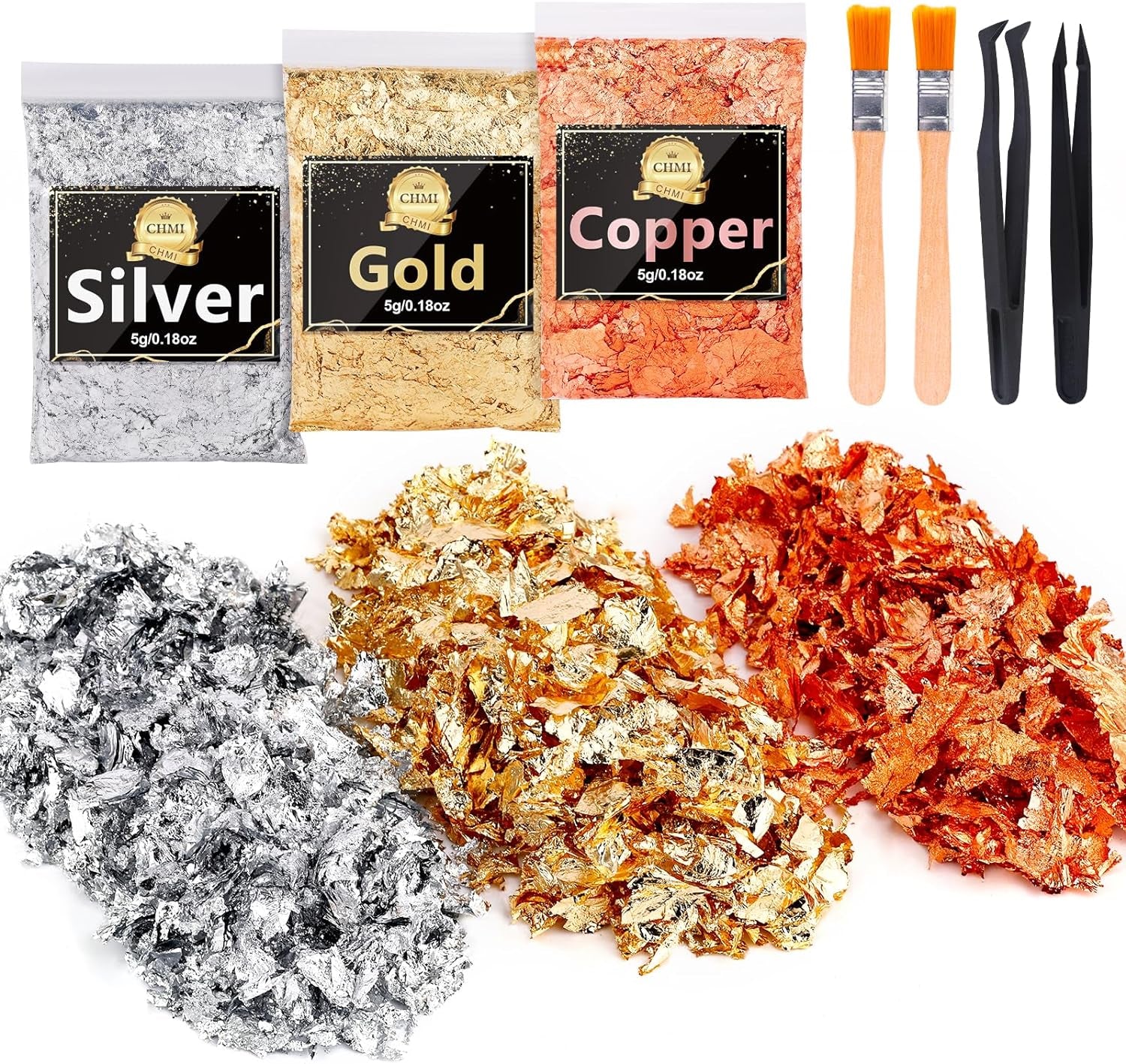 Gold Foil Flakes for Resin -15G, Jewelry Making, Imitation Gold Foil Flakes Metallic Leaf for Nails, Painting, Crafts, Slime and Resin Jewelry Making (Gold, Silver, Copper Colors)