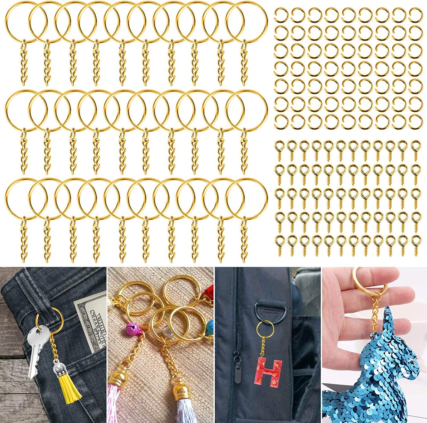 Keychain Rings Kit for Crafts Gold,  Includes 100Pcs Split Key Ring with Chain, 100Pcs Jump Rings and 100Pcs Screw Eye Pins for Resin Keychain Making