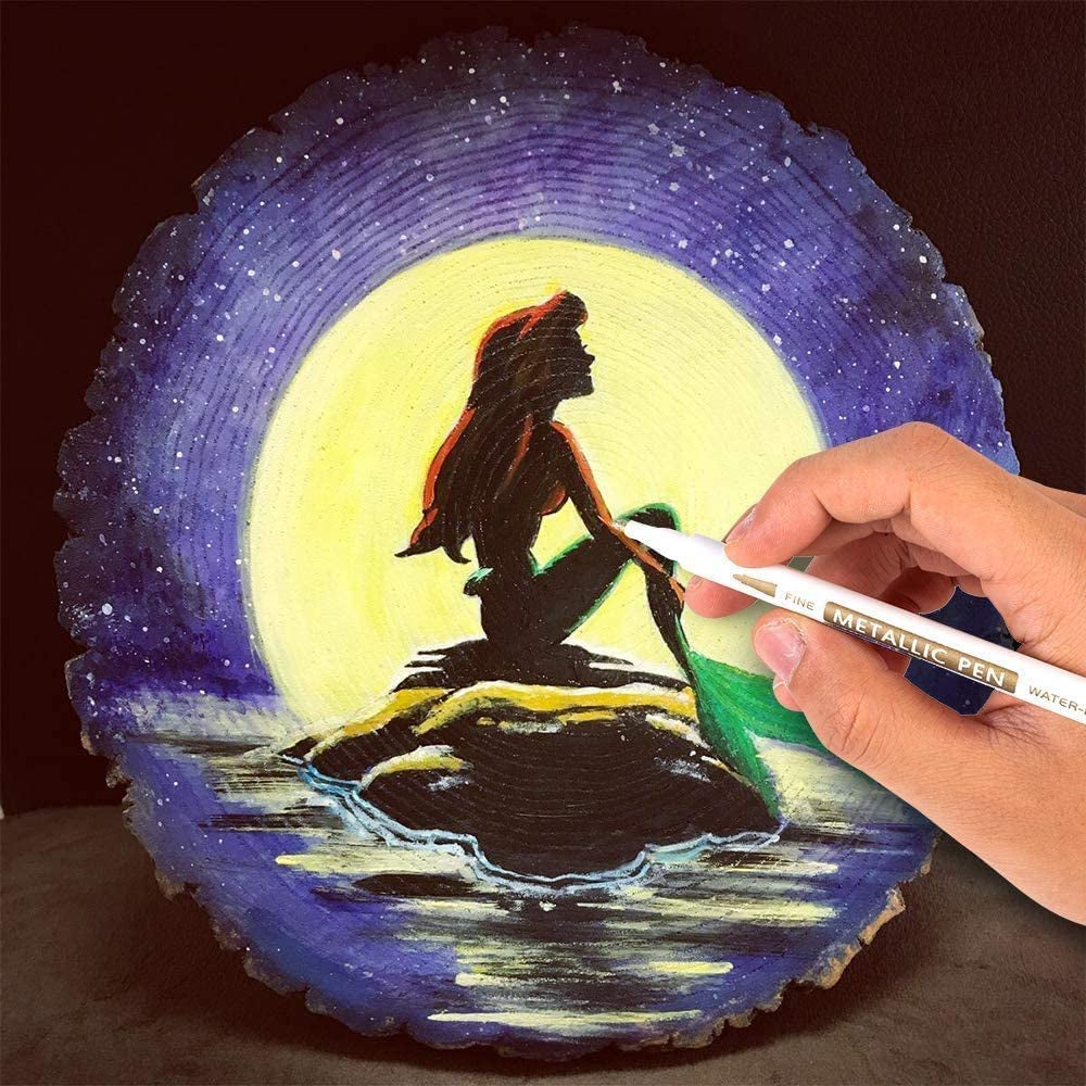 18 Pack Metallic Marker Pens,  16 Colors Fine Tip Paint Pens with 2 Stencils for DIY Craft Photo Album Rock Art Painting Card Making Glass Wood