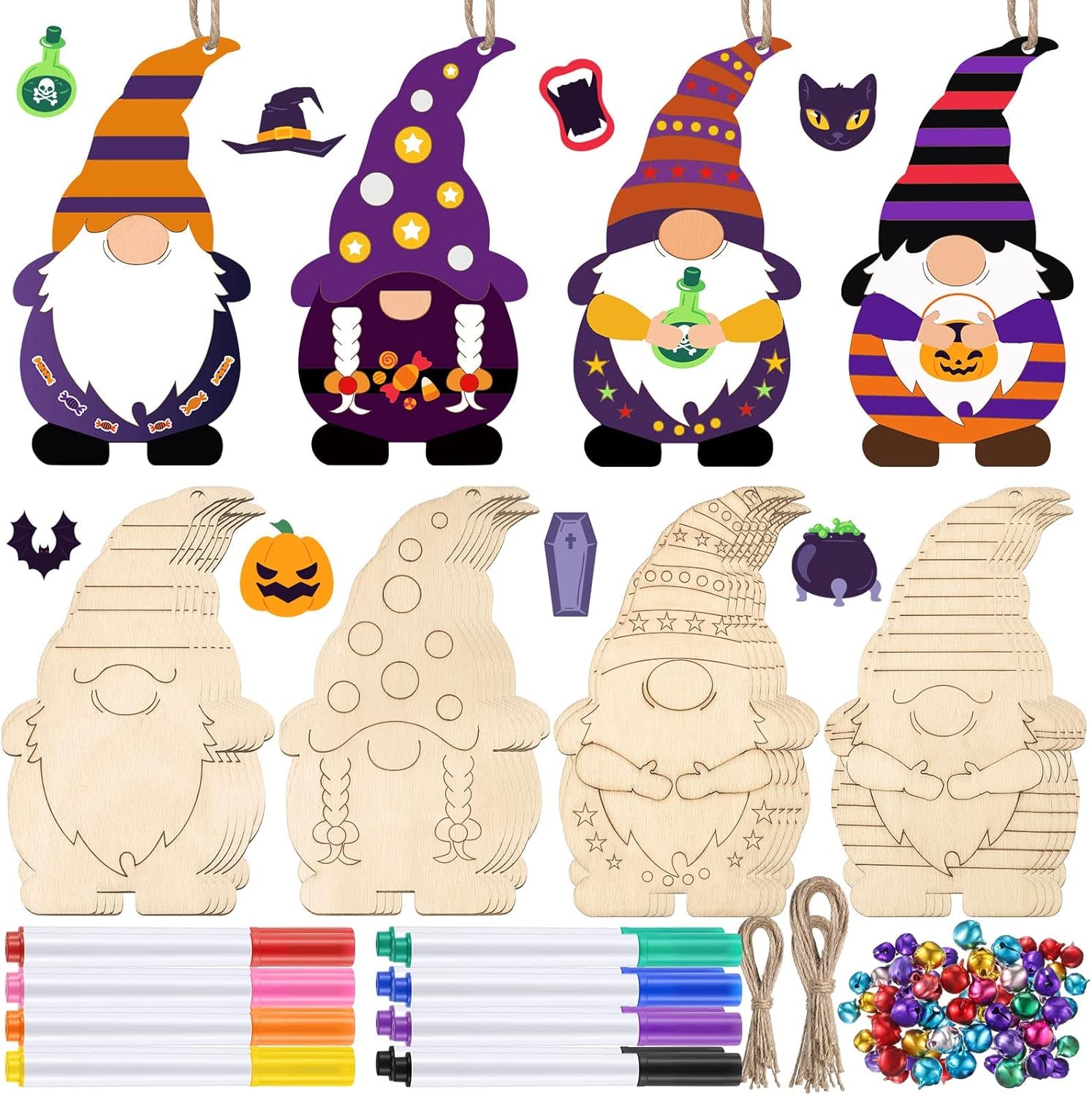 Halloween Unfinished Wooden Gnome Ornaments Include Blank Gnome Cutout Hanging Slices, Colored Marker, Bells for Kids Christmas Tree Craft Painting DIY All Festival(40 Sets)