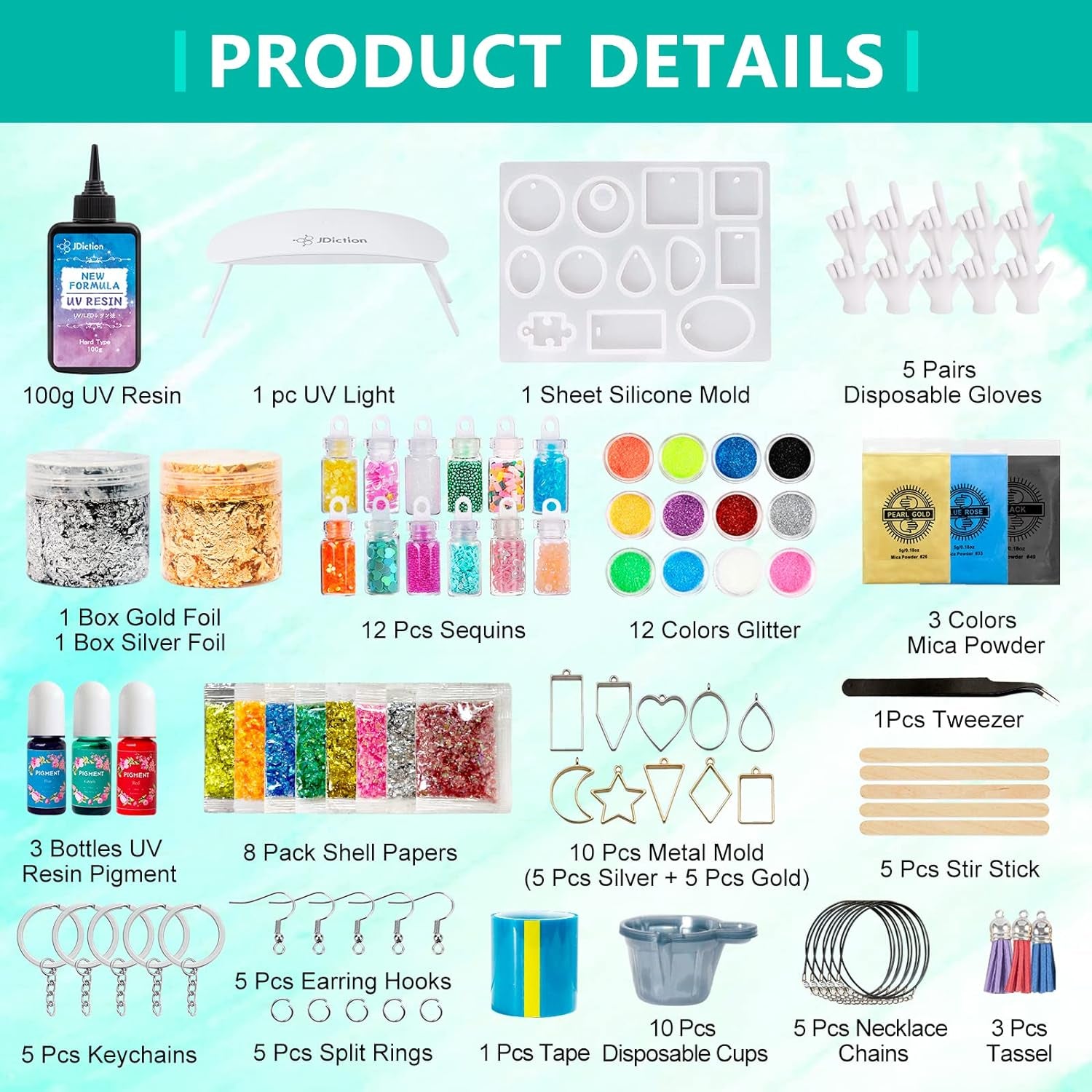 New UV Resin Kit with Light, Crystal Clear Hard Resin Sunlight Curing UV Resin Beginner Kit for Jewelry, Doming, Coating, and Casting, DIY Craft