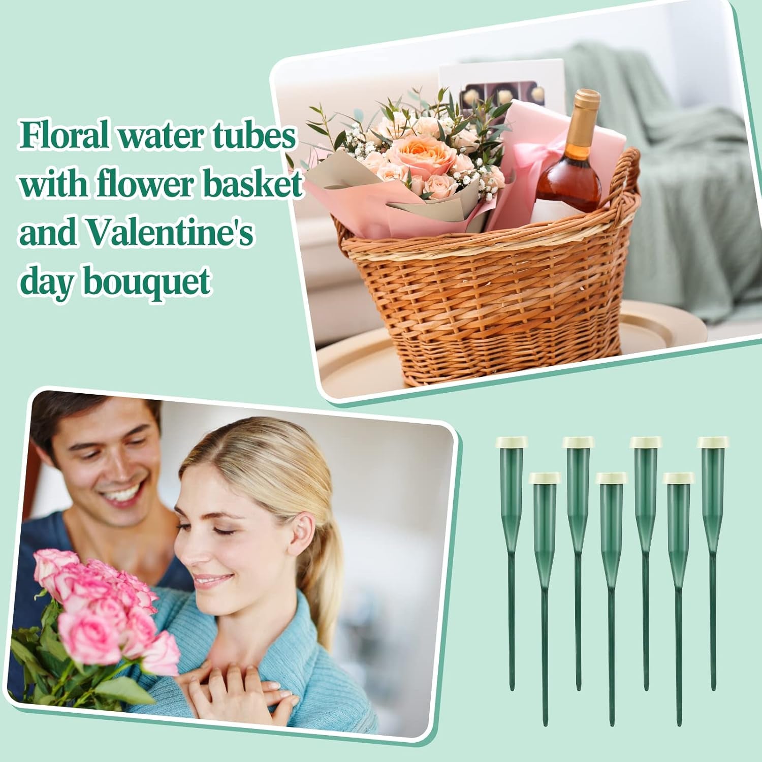 270 Pcs Floral Water Tubes Plastic Green Floral Tubes with Rubber Caps Fresh Flower Water Tubes Flower Arrangements Supplies for Bouquet Stem Supplies, 6 Inches