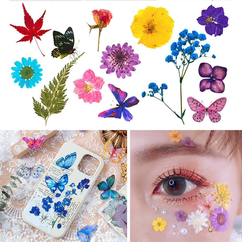 Dried Flowers for Resin Jewelry Molds with Tweezers, Real Pressed Dry Flower Leaves Mixed Multiple Colorful, for DIY Crafts Nail Art Candle Soap Making Phone Case Jewelry Pendant Floral Decors