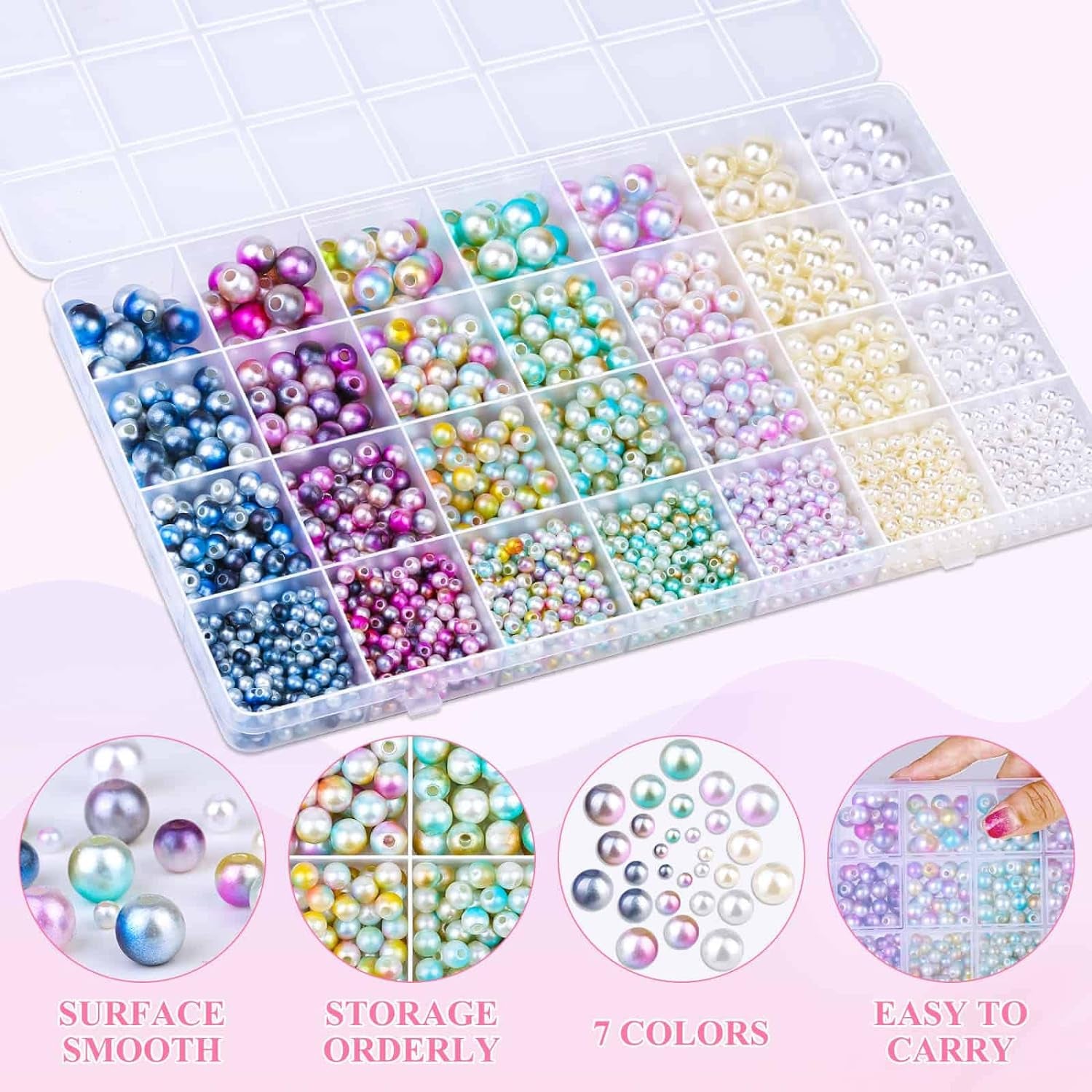 2200PCS Pearl Beads, 4/6/8/10Mm Multicolor Pearl Beads Loose Pearls for Crafts with Holes for Jewelry Making, Small Pearl Filler Beads for Crafting Bracelet Necklace Earrings