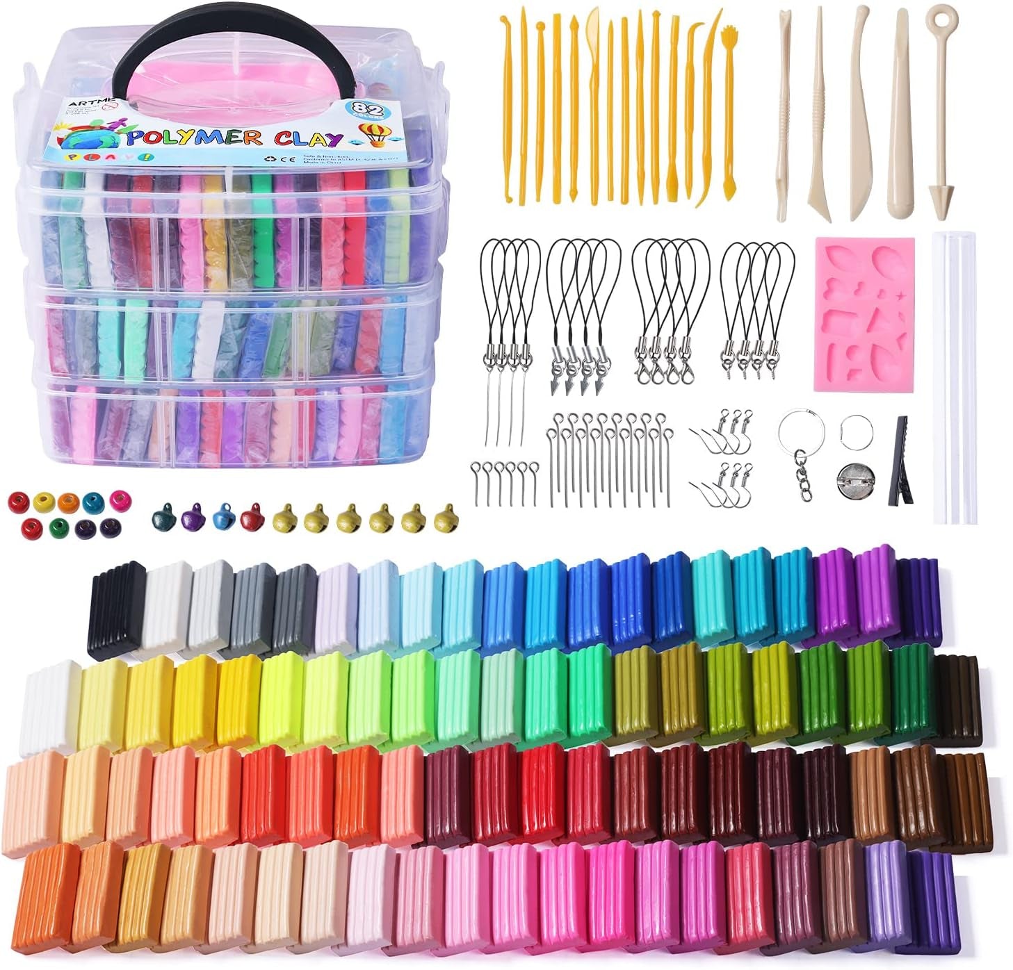 Polymer Clay, 82 Colors Clay Kit, Oven Bake Modeling Clay, Creative Polymer Clay Kit with Sculpting Tools and Jewelry Accessories, Non-Toxic, Ideal DIY Clay Gifts for Adults and Teens