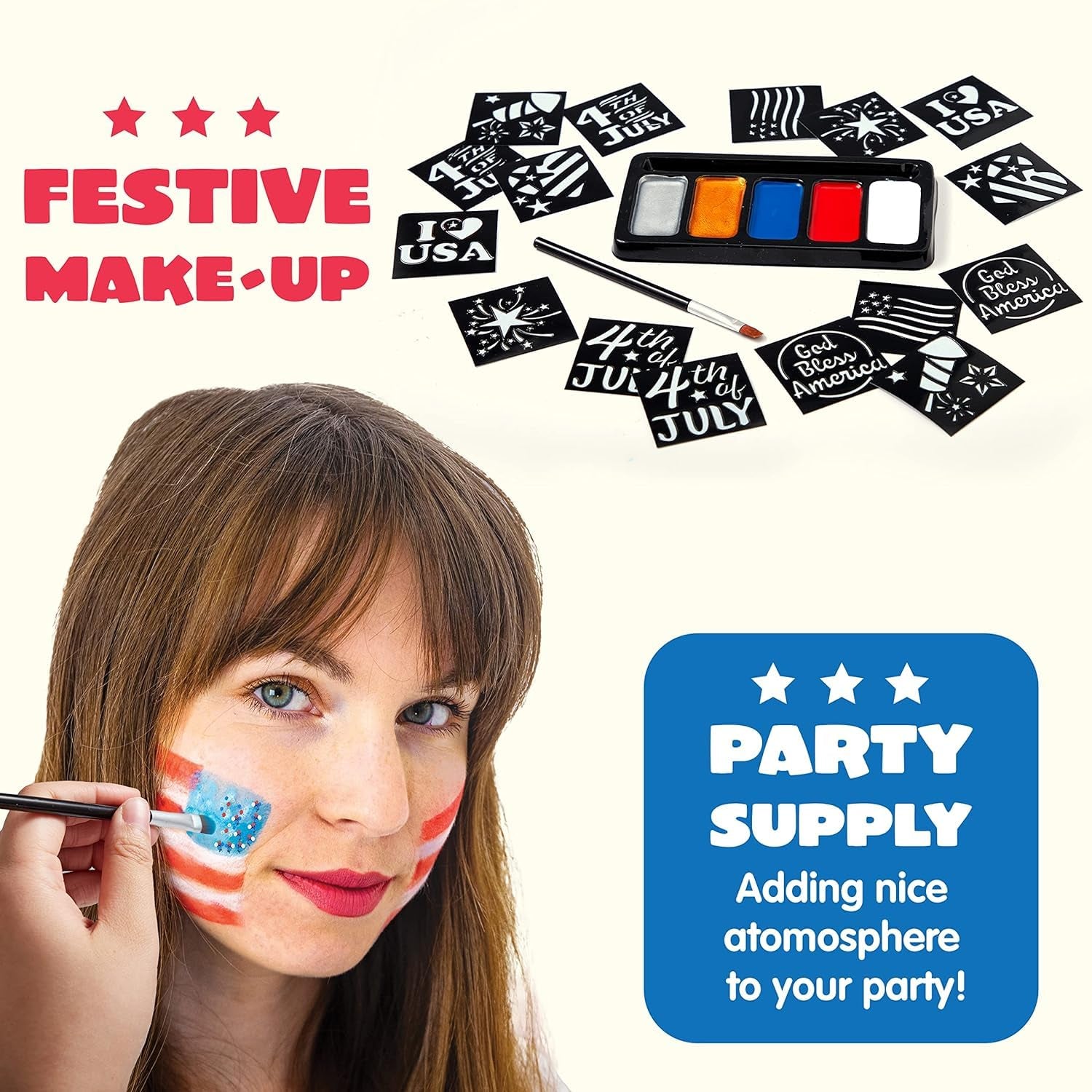 5 Colors Patriotic Face Paint Kit with Glitter and 16 Pcs Stencils Sticker for Kids, 4Th of July Face Paint Red White Blue Face Paint for Independence Day, Memorial Day Party, Veterans Day