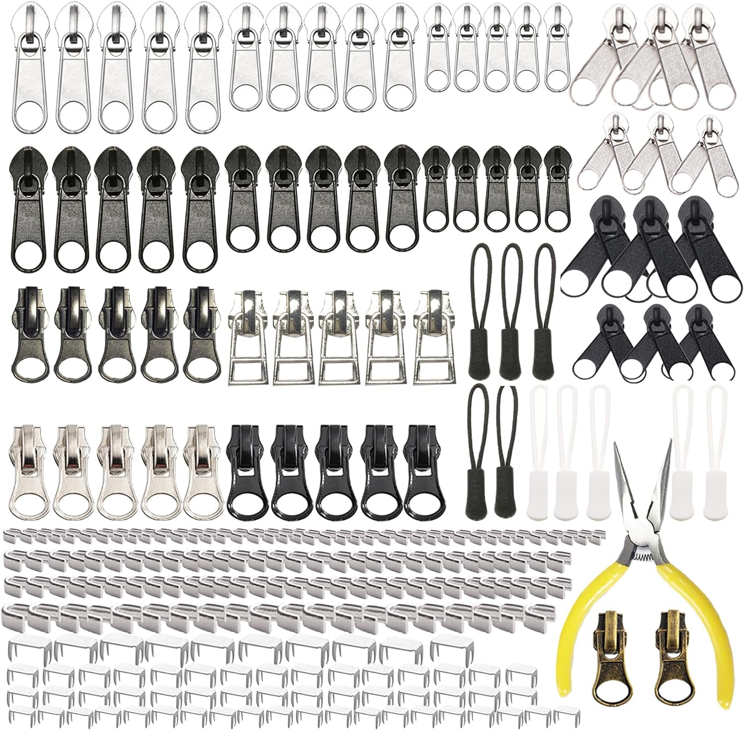 Zipper Repair Kit 255 Pcs Zipper Replacement Kit with Zipper Install Pliers Tool and Zipper Extension Pulls for Clothing Jackets Purses Luggage Backpacks Tents Sleeping Bag