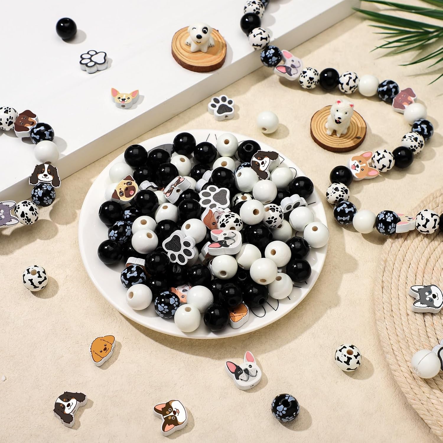 200 Pcs Dog Paw Bone Wooden Beads Puppy Paw Footprint Spacer Bead Colorful Paw Bone Print Wood Beads Black and White Craft Bead Jewelry Making Bubblegum Bead for Pet Charm DIY Home Decor Party