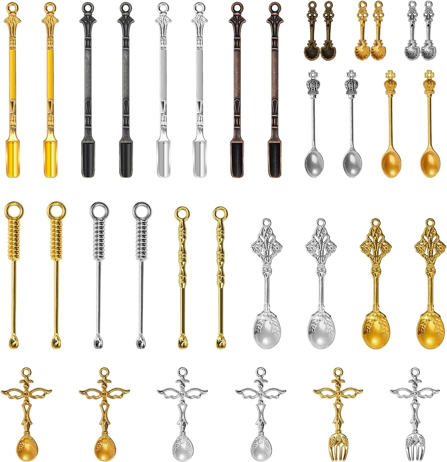 34 Pieces Mini Shovel Spoon,  Little Spoon Pedants Tiny Spoon Mini Shovel Spoons Charms Tableware Charm Pendants, 7 Style Tiny Micro Spoon Kitchen Pendant Spoon