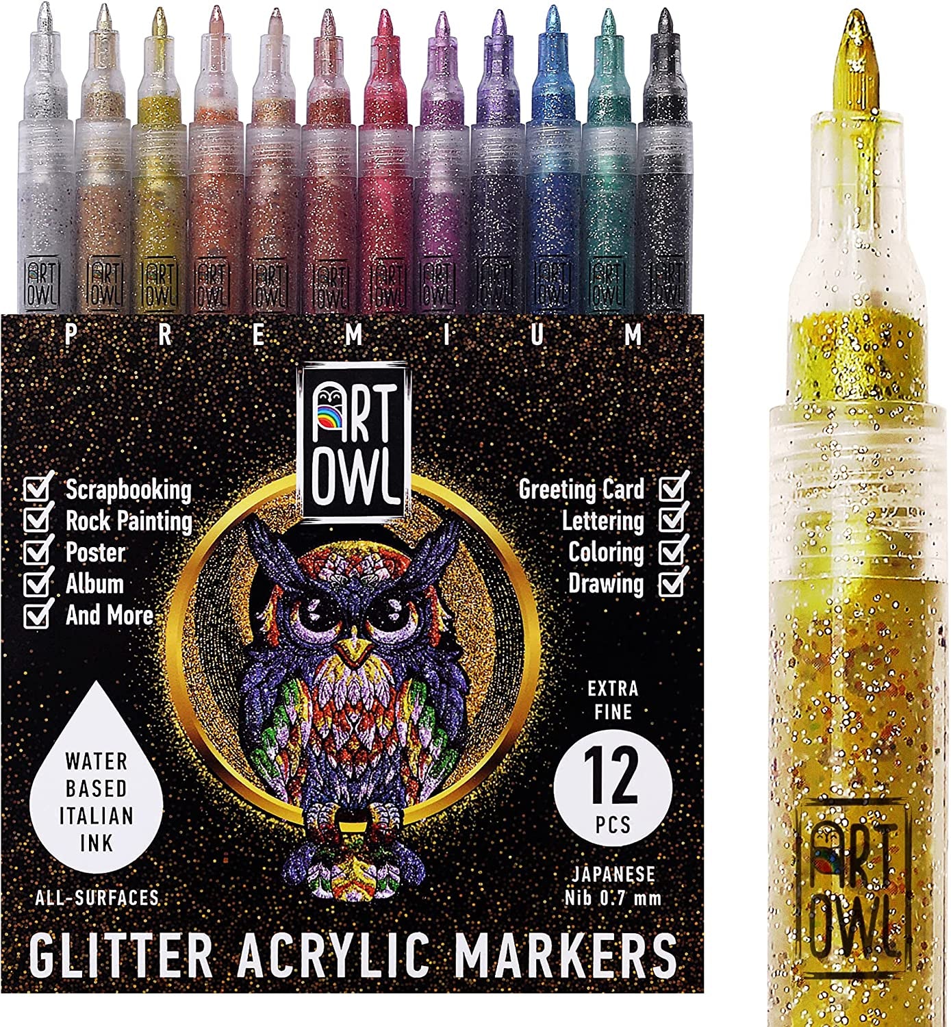 Acrylic Glitter Paint Marker Pens, Ultra Fine Point 0.7Mm - Sparkle Paint Pens for Rock Painting, Stone, Ceramic Glass, Wood, Card Stock, Canvas, DIY Crafts - Set of 12