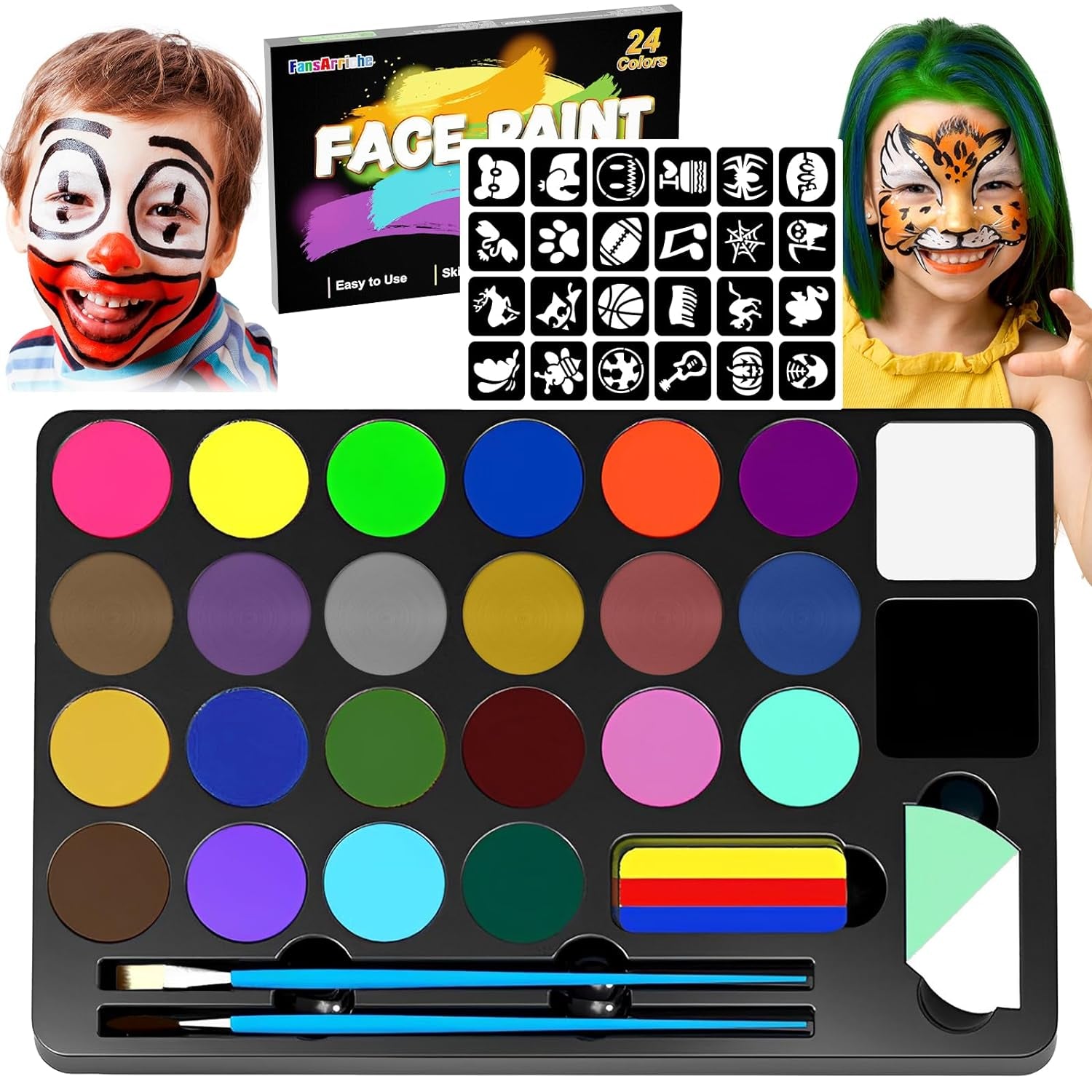 Face Painting Kit for Kids, Washable Face Painting Kit with Stencils, Professional Body Face Paint (24 Colors)