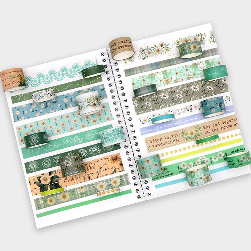 Washi Tape Set, 20 Rolls Aesthetic Decorative Floral Masking Tape,Green Flowers Washi Tapes for Scrapbooking Supplies,Journaling Supplies,Diy Crafts,Junk Journal Supplies