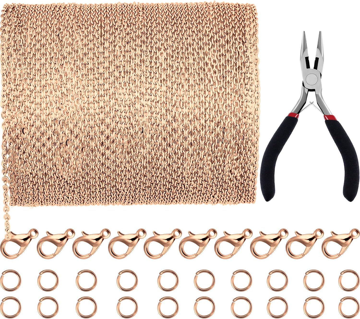 39.4 Feet 2 Mm Link Chains Necklace Chain Necklace Jewelry Plier with 30 Pieces Lobster Clasps and 100 Pieces Jump Rings for Jewelry Accessories Diy(Gold)