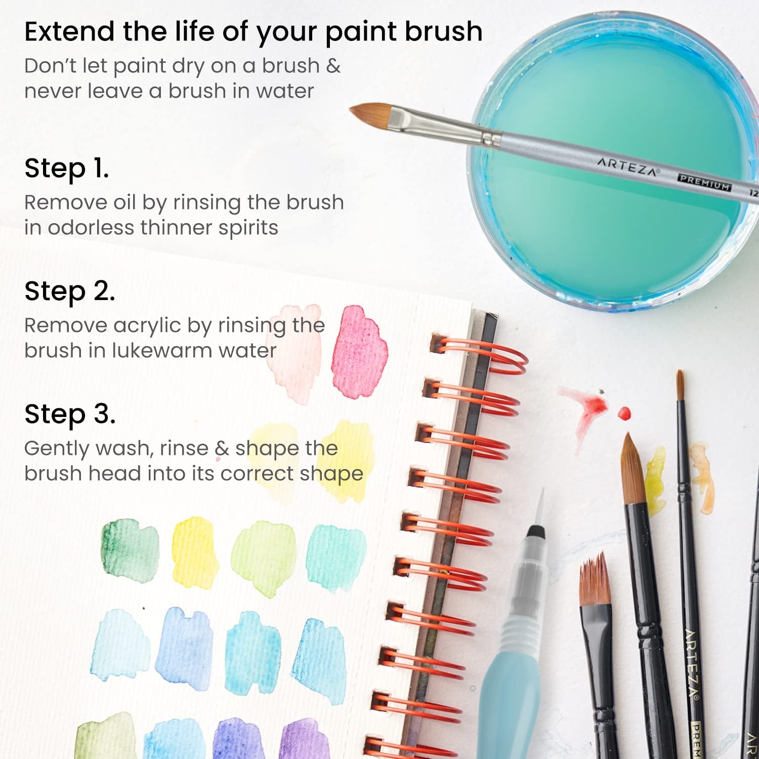 Water Brush Pen, Set of 4, Assorted Soft Nylon Bristle Tips, Self-Moistening Water Brush, Refillable Water Pen