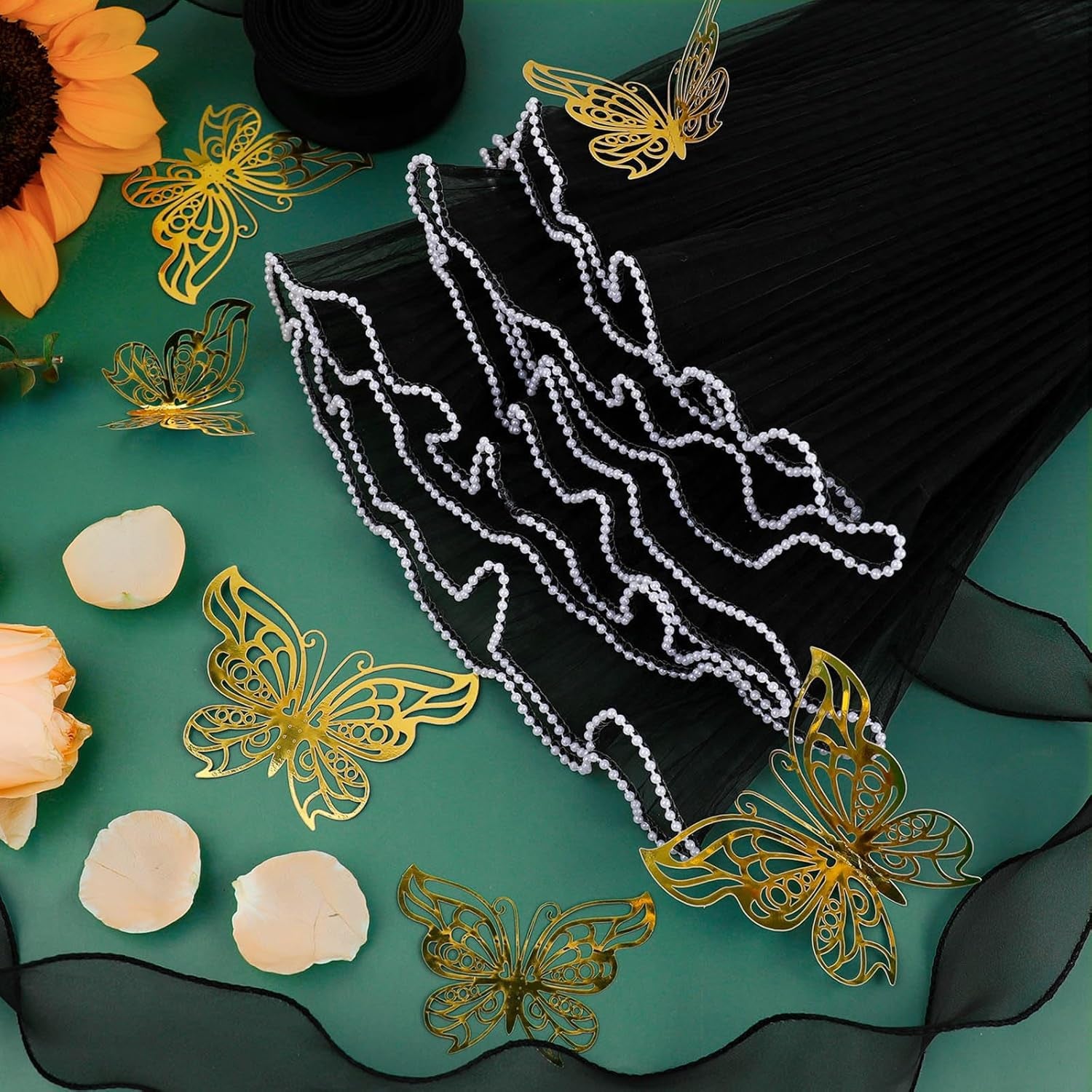 Black Flower Wrapping Paper Kit - 4.37 Yards Pearl Lace Mesh for Bouquets, Wave Tulle with Ribbons and 3D Butterflies - Floral Wrap Florist Supplies (Black)