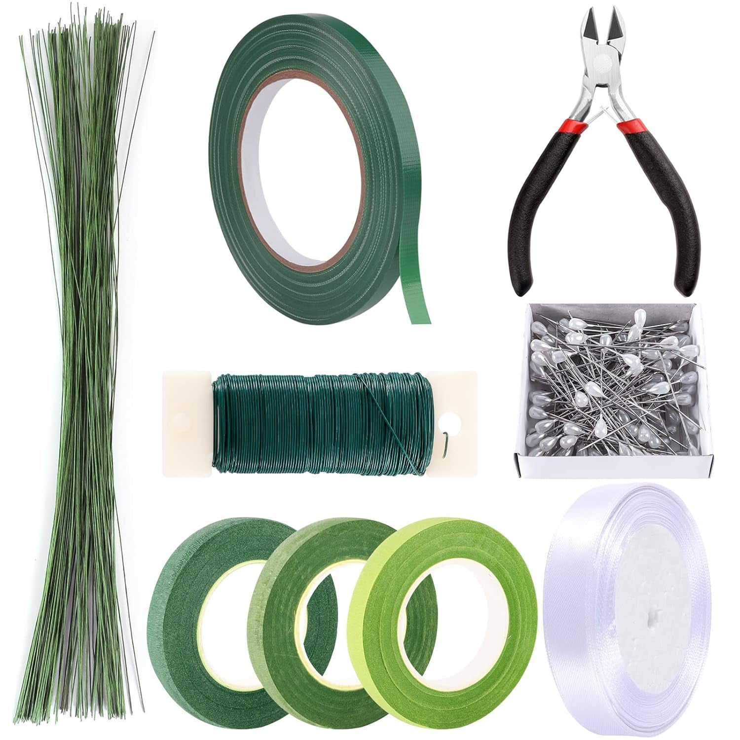 Floral Tape and Floral Wire Floral Arrangement Kit,Green Floral Tape and Boutonniere Pin White Ribbon Wire Cutter 22 Guage Floral Stem Wire for Wreath Making Supplies