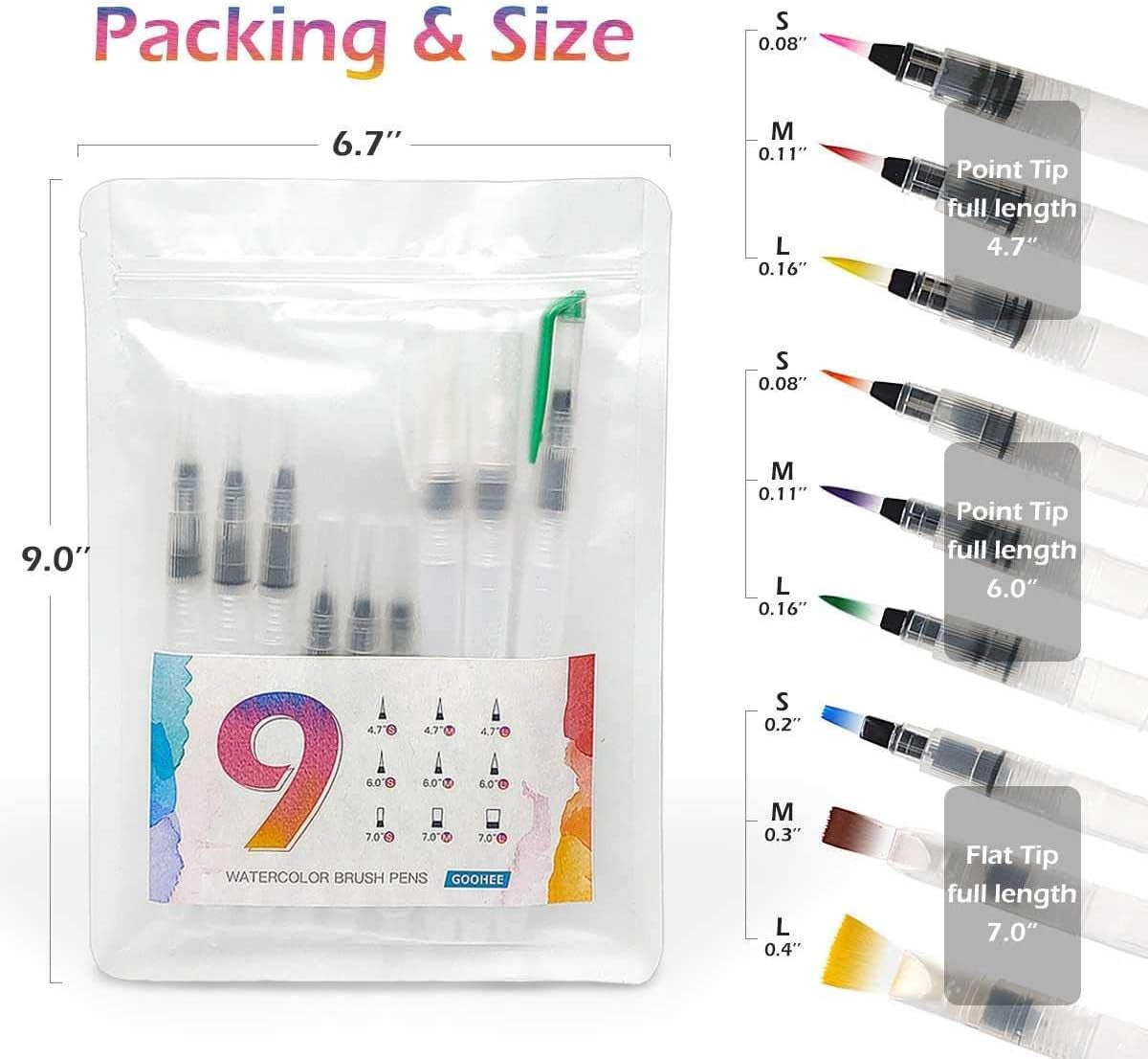 Watercolor Brush Pens Set - Super Easy to Use and Fill, Watercolor Pens Brush Set of 9 Piece for Water Soluble Colored Pencil, Aqua Brush Pen for Beginners, Gift Ideas