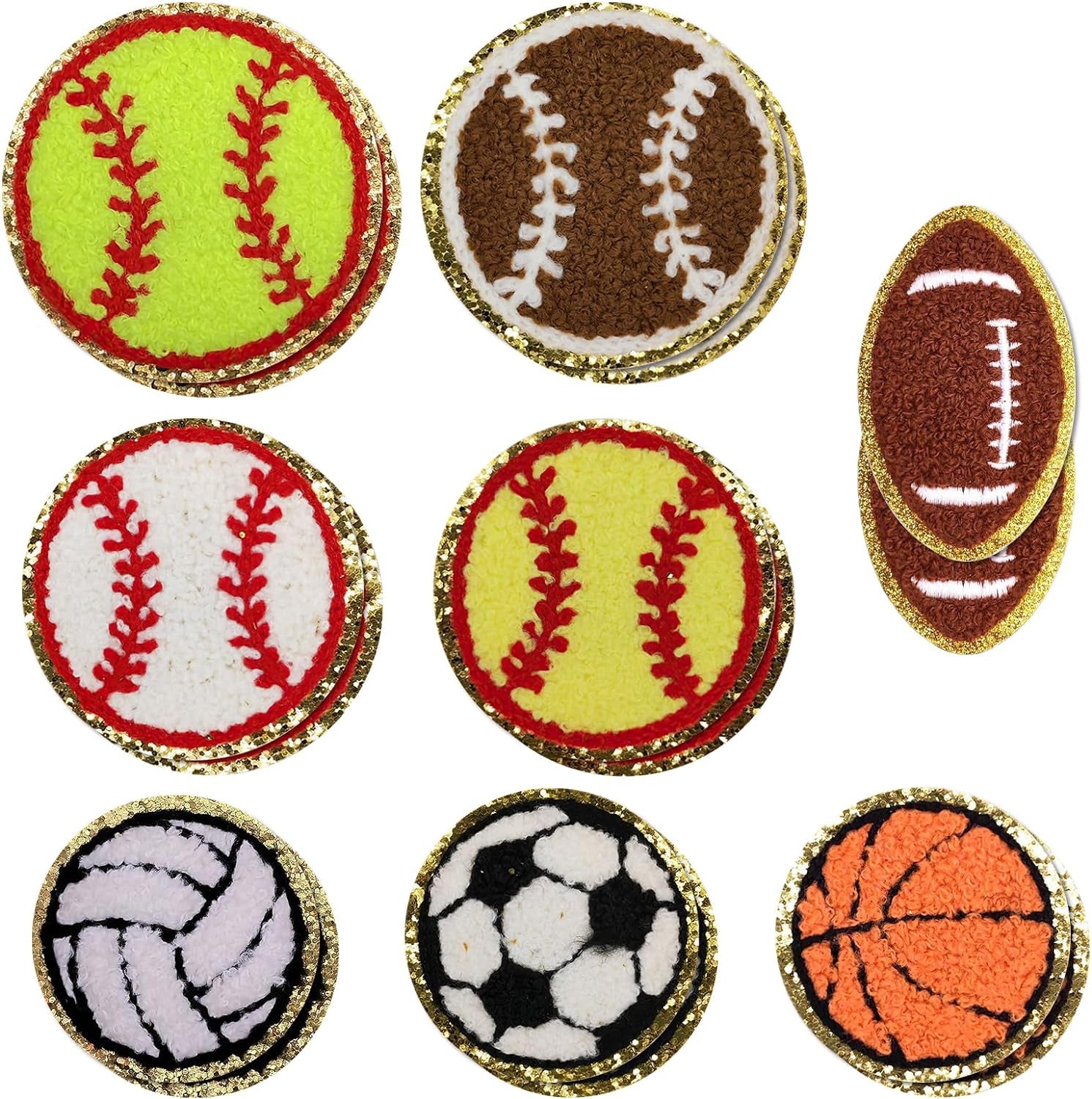 16Pcs Sports Themed Patch, Chenille Patches Gold Edges Basketball Soccer Baseball Football Volleyball Iron on Patch for Bags Hat DIY Clothing Repair