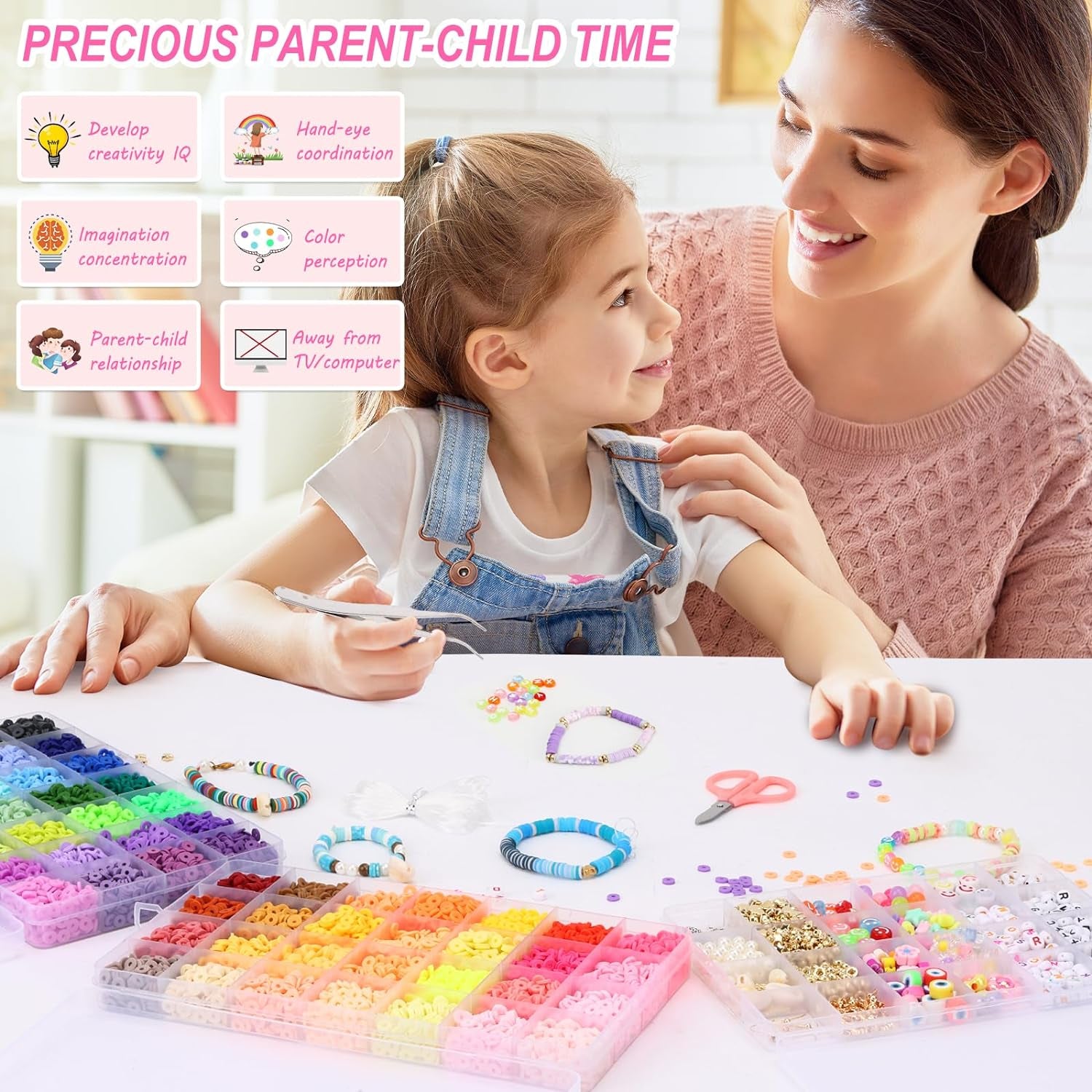 12000Pcs Clay Beads for Bracelet Making, 56 Colors Flat round Polymer Clay Beads Spacer Heishi Beads for Jewelry Making with Trendy Beads, Pendant Charms Kit, Letter Beads and Elastic Strings