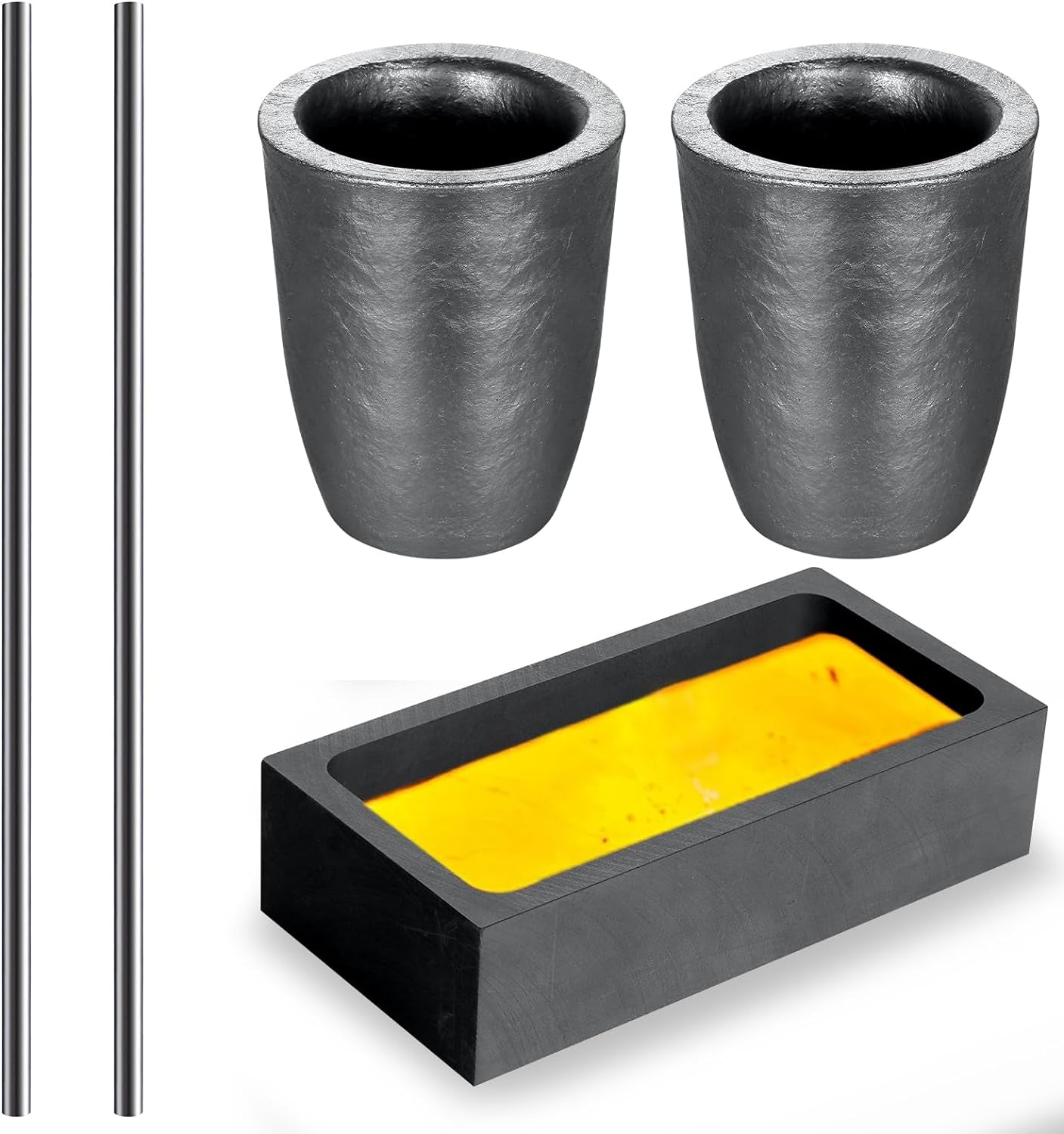 5 Pieces Crucible Metal Melting Kit, Including 2 Clay Graphite Crucible for Gold Melting Metal, 2 Graphite Stir Rod Stick, 1 Graphite Torch Smelting Casting Ingot Mold