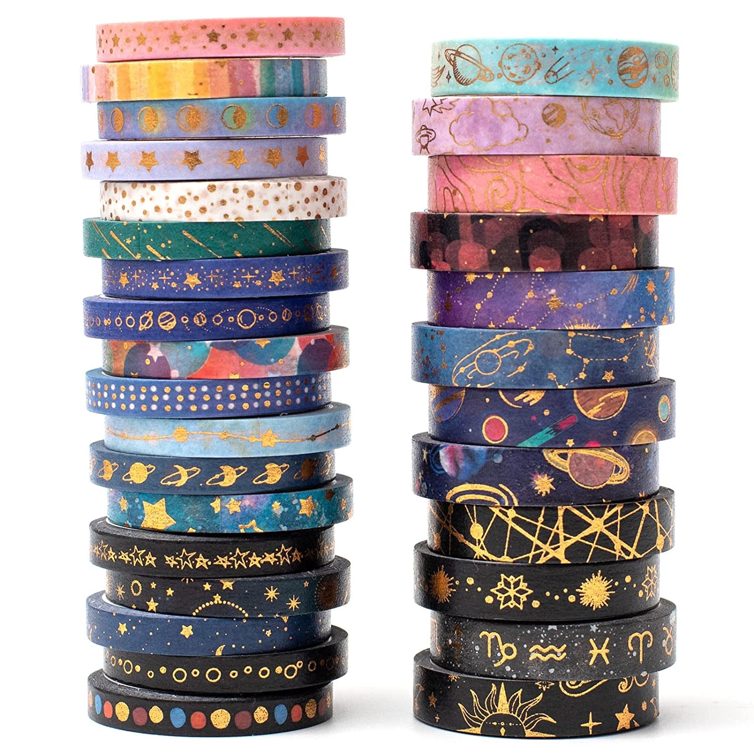 Skinny Galaxy Washi Tape Set 30 Rolls Gold Foil Decorative Starry Space Masking Tapes for Arts, DIY Crafts, Journals, Planners, Scrapbook, Wrapping
