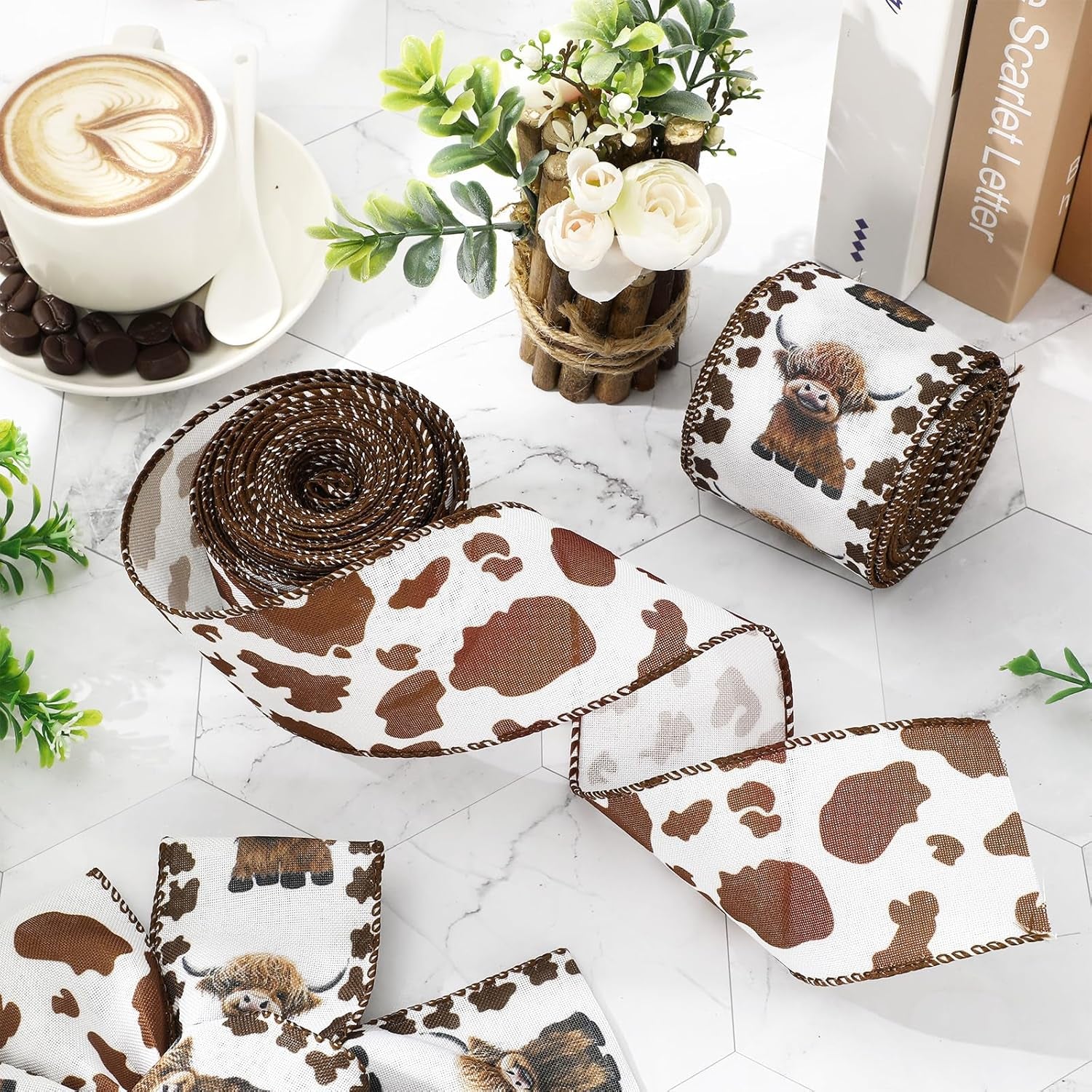 Highland Cow Wired Edge Ribbon Cow Print Craft Ribbon White Brown Fabric Ribbon for Wreath Bow Making DIY Crafts Wrapping Party Decor Supplies, 2 Rolls, 20 Yard