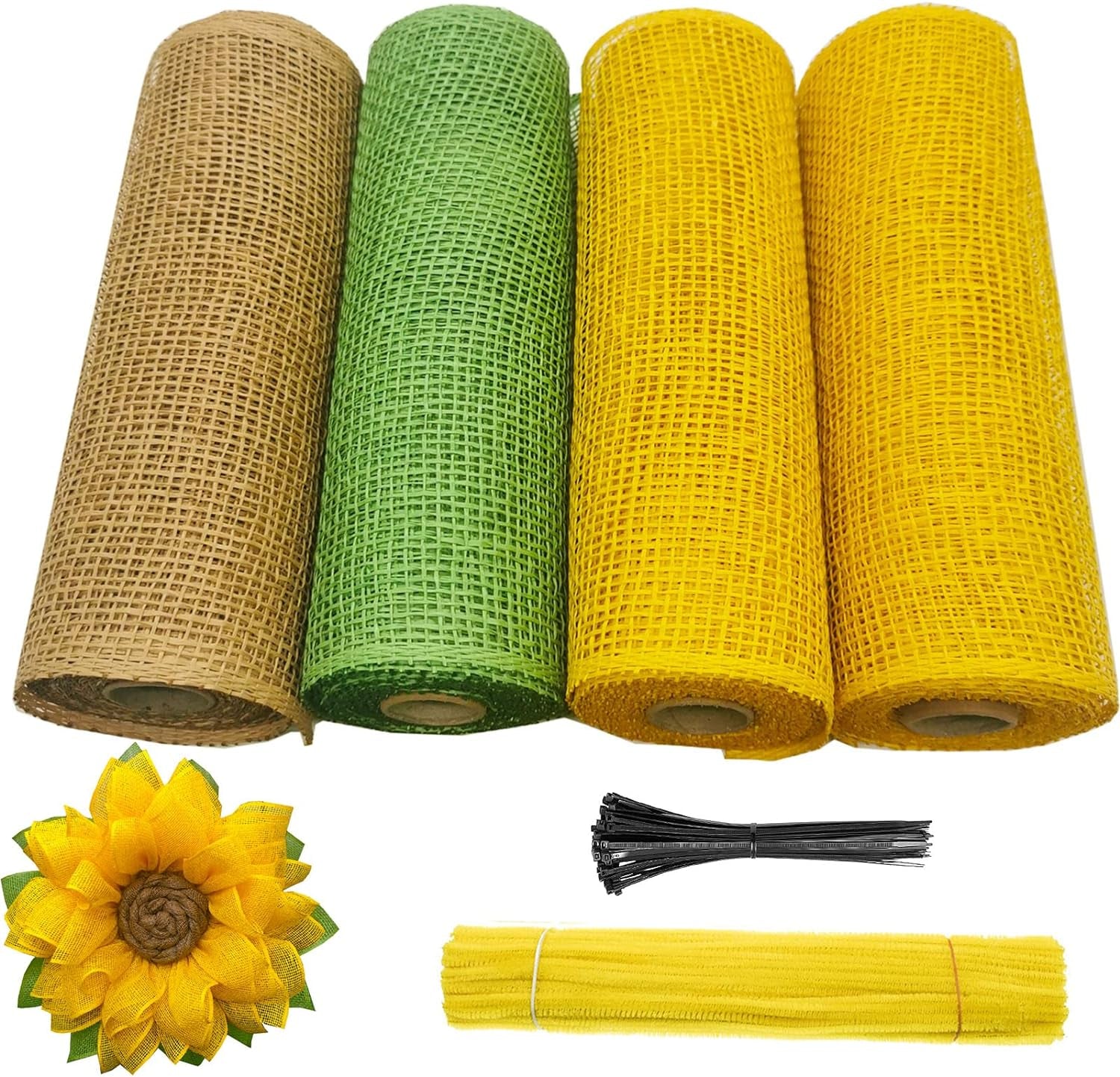 4 Rolls Poly Burlap Deco Mesh 10 Inches Kit for DIY Front Door Sunflower Wreath Zip Ties Chenille Stems Included (Yellow-Green-Burlap)