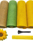 4 Rolls Poly Burlap Deco Mesh 10 Inches Kit for DIY Front Door Sunflower Wreath Zip Ties Chenille Stems Included (Yellow-Green-Burlap)