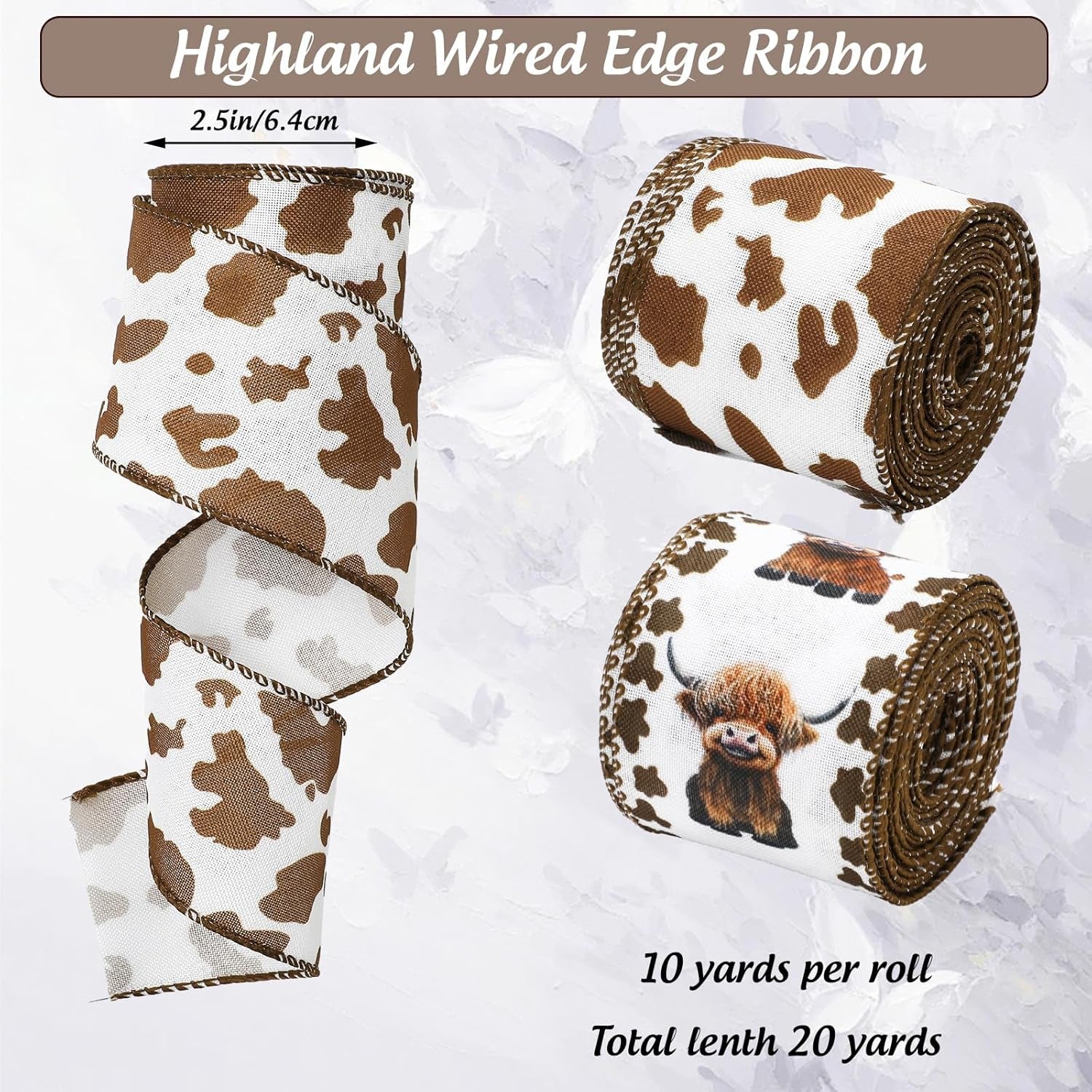 Highland Cow Wired Edge Ribbon Cow Print Craft Ribbon White Brown Fabric Ribbon for Wreath Bow Making DIY Crafts Wrapping Party Decor Supplies, 2 Rolls, 20 Yard