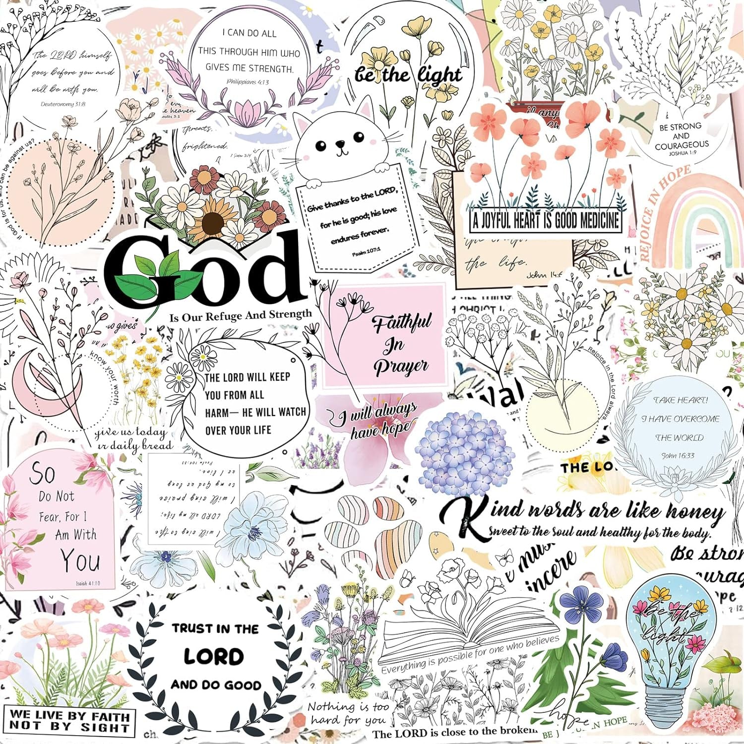 200Pcs Inspired Christian Stickers, Bible Verse Stickers, Blossoms Stickers for Water Bottle Laptop Scrapbooking Decals Christian Gifts Bible Journaling Supplies