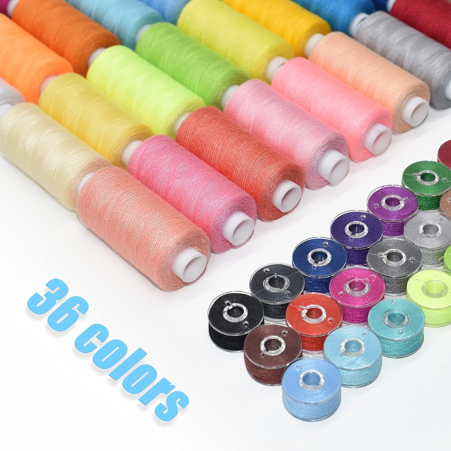 72Pcs 36 Colors Sewing Thread Set with Matching Prewound Bobbin Threads with Case, 550 Yards per Polyester Thread, Popular Colors Sewing Threads for Hand &amp; Machine Sewing