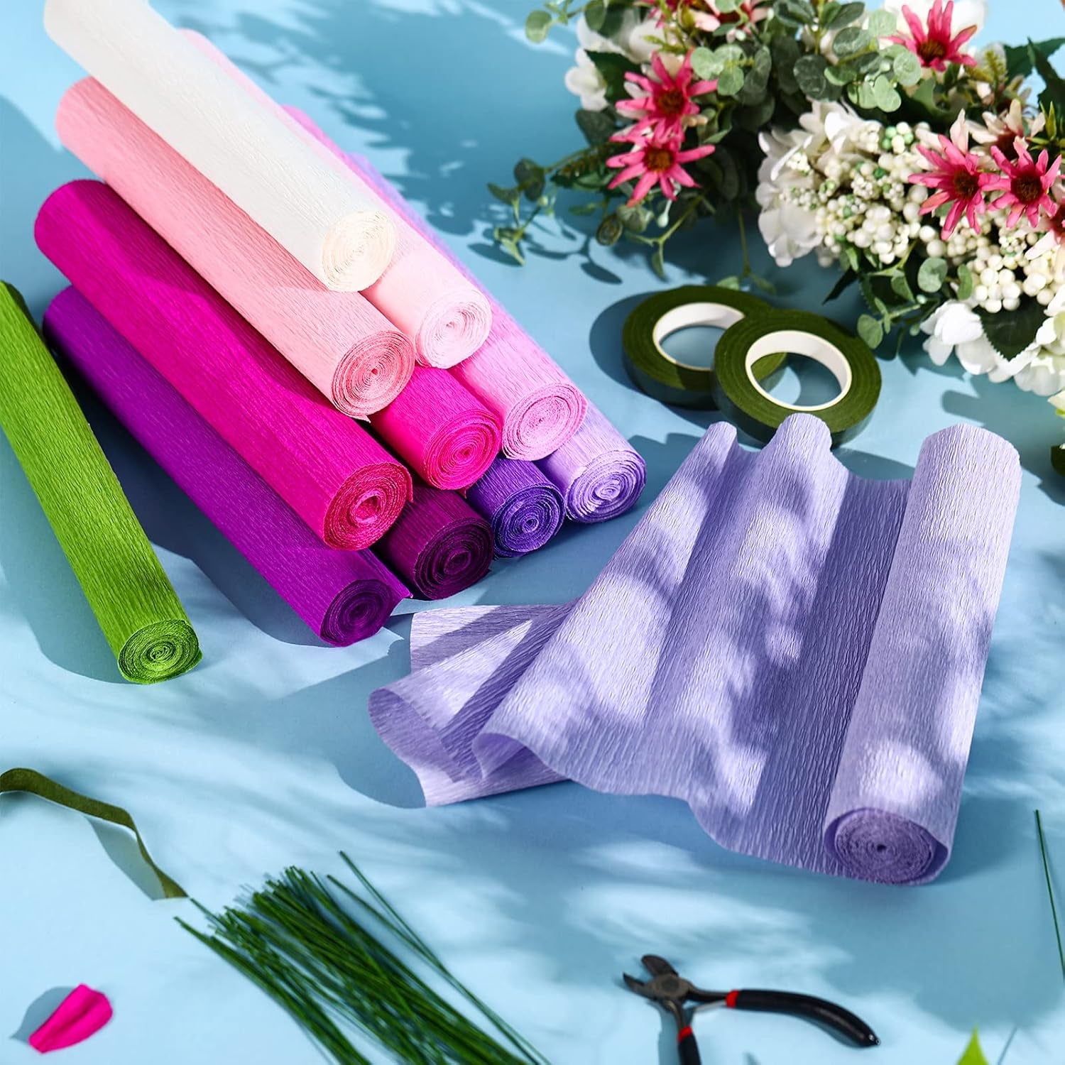 12 Rolls 8 Feet Crepe Paper Sheets Rolls 10 Inch Crepe Paper Streamer 103 Pcs Floral Arrangement Kit Green Floral Tape Floral Wire Stems Wire Cutter for Wreath Flower Making(Elegant Colors)