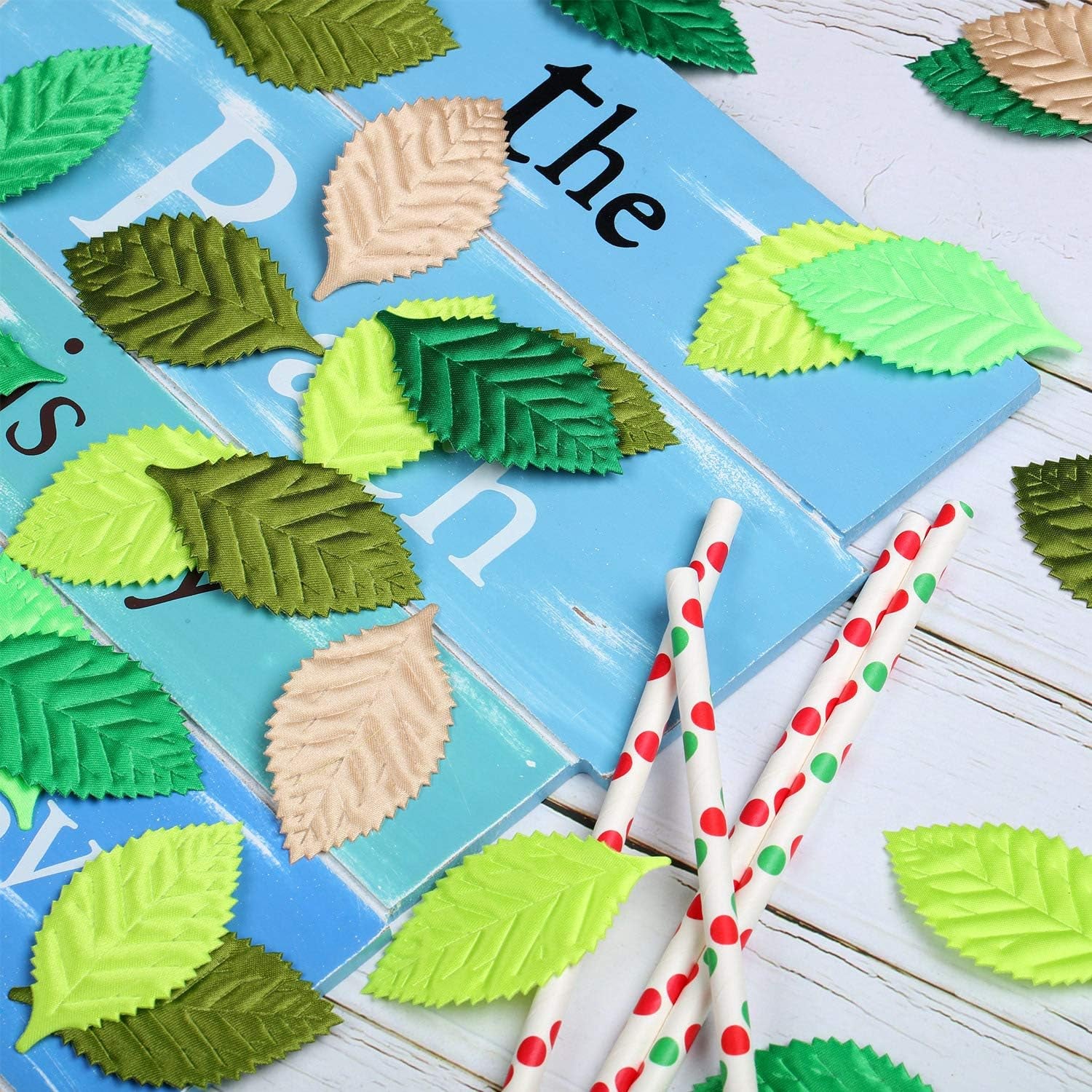 150 Pieces Fake Fabric Leaves Mixed Artificial Leaves for Scrapbook, Craft Project, Wedding, Party Decoration (Green Series)