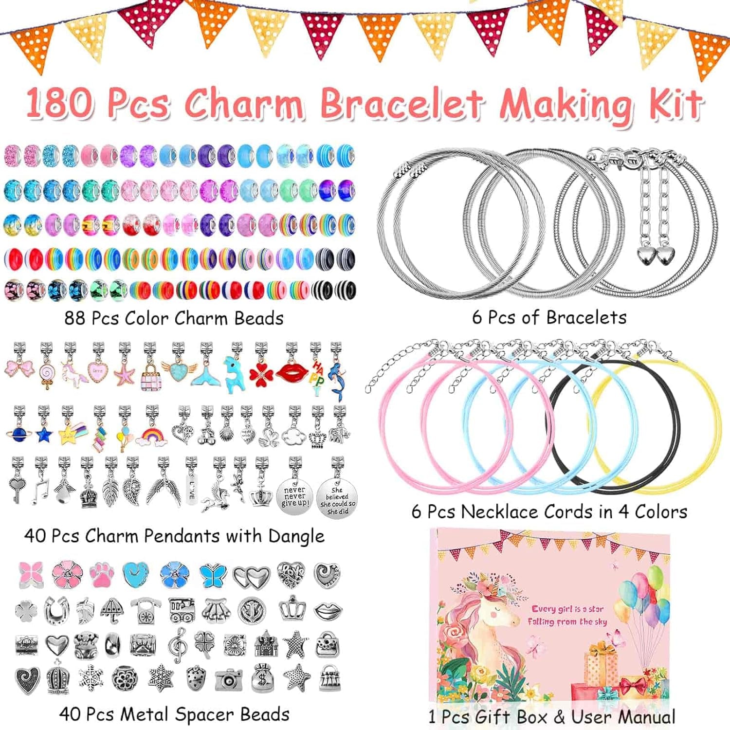 180 Pieces DIY Charm Bracelet Making Kit for Girls 8-12, Jewelry Making Kit for Girls with Bracelet Making Beads, Snake Chains for Girls Christmas Gift, Arts and Crafts