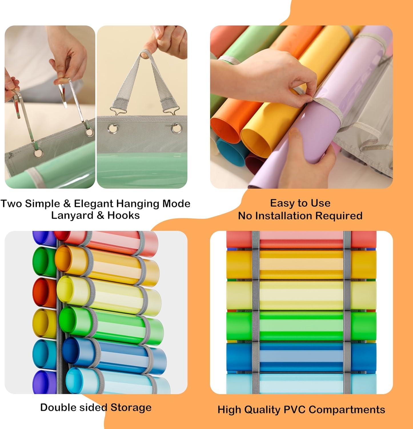 60 Compartments Vinyl Roll Holder with 14 Internal Mesh Pockets, 2 Hooks &amp; 2 Straps - 66"X8.6" Vinyl Roll Storage - Vinyl Storage Organizer - Vinyl Organizer Storage Craft Rack
