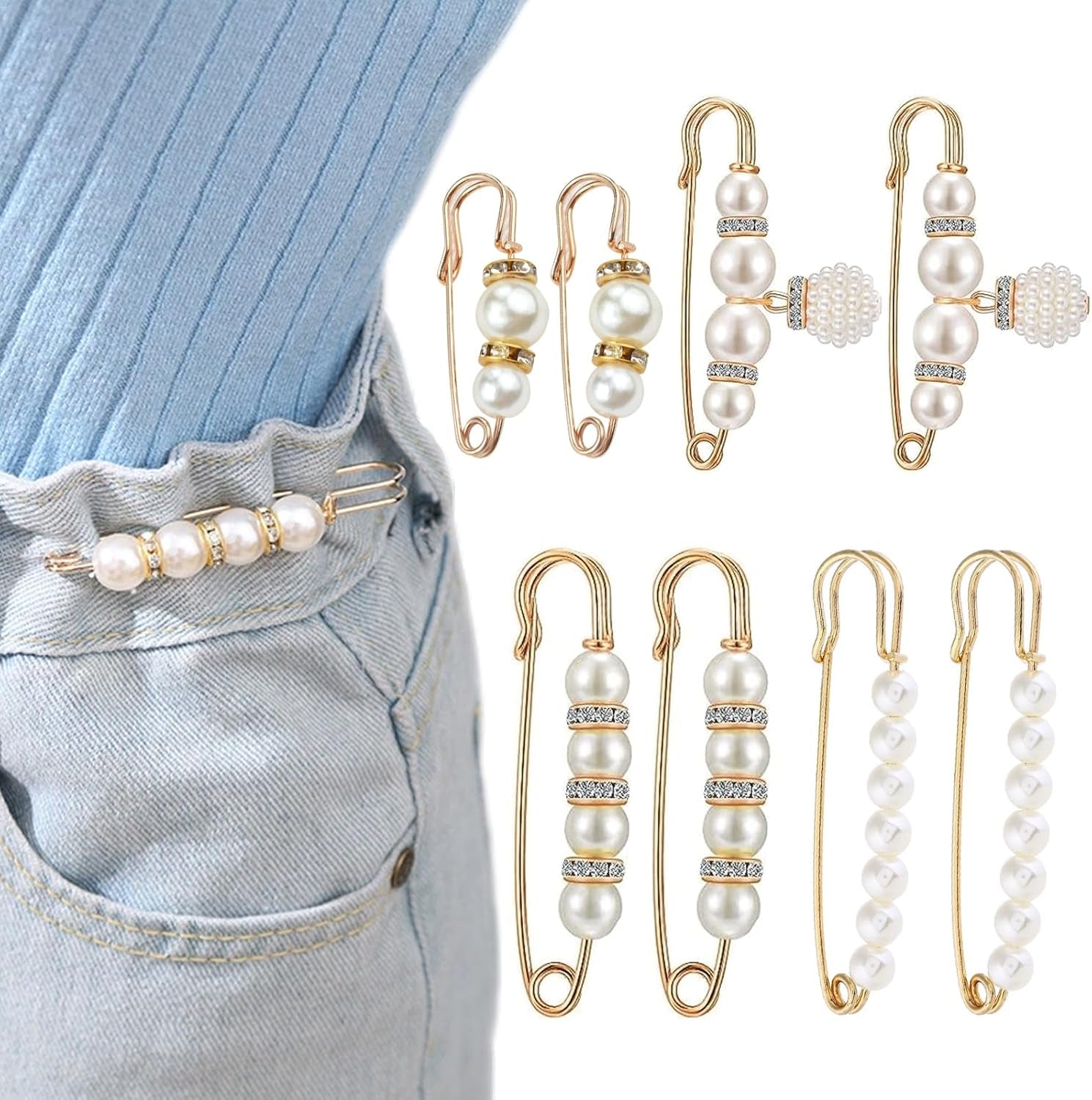 8 Pcs Pearl Brooch Pins,Safety Pins for Clothing Dress Pants Skirt Cardigan Collar，Faux Pearl Rhinestones Brooches for Women Girls Pants Extender Safety Pins