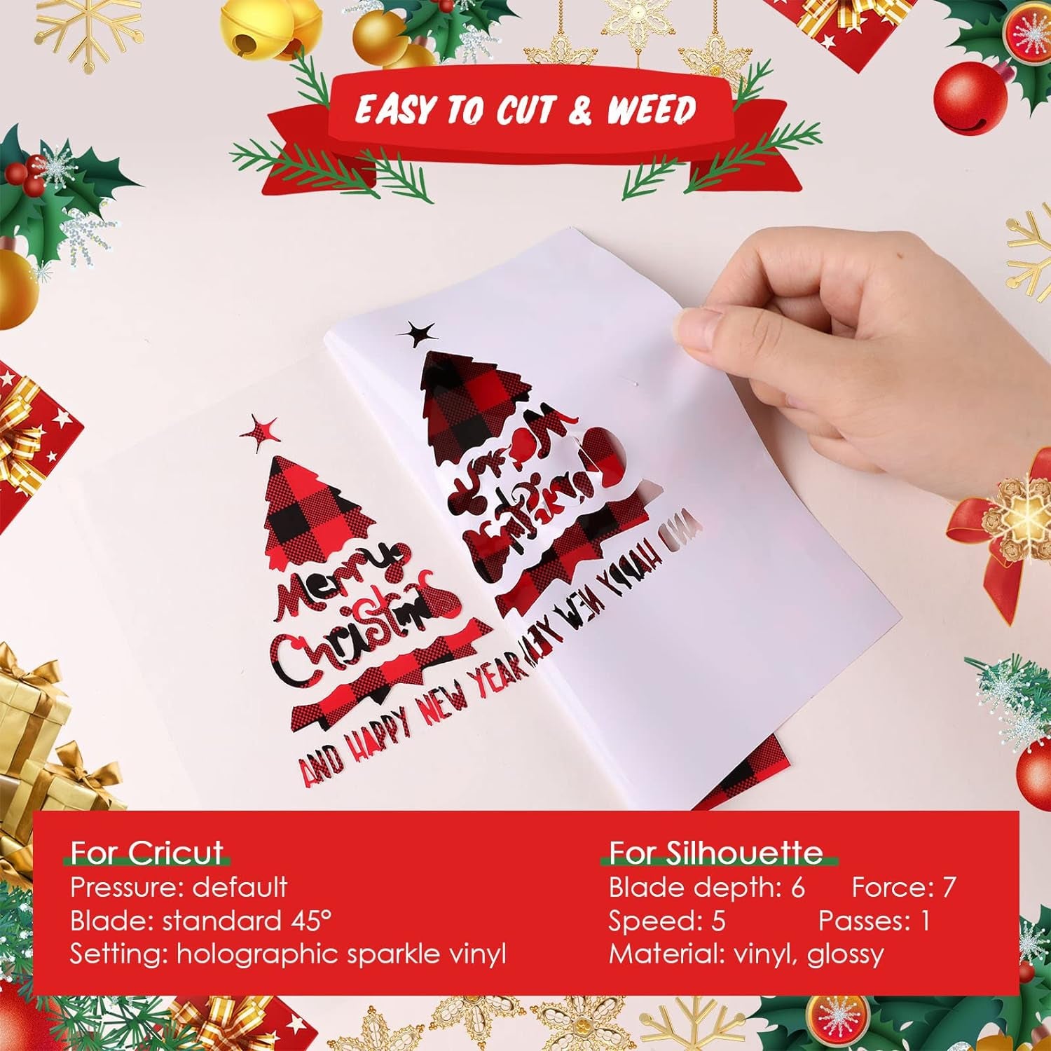 Buffalo Plaid Permanent Adhesive Vinyl-6 Sheets 12"X12" Buffalo Plaid Vinyl &amp; 2 Sheets Transfer Tape, Permanent Vinyl for Cricut Machine, Pattern Vinyl for Christmas