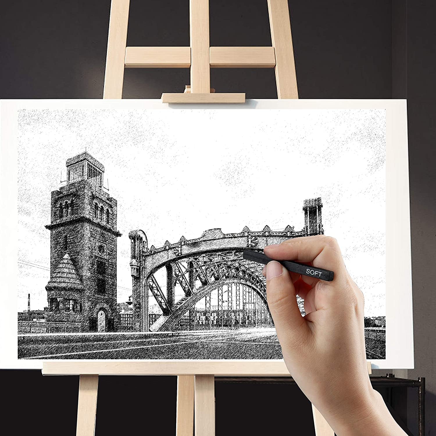 Compressed Charcoal, Square Vine Charcoal Sticks for Drawing, Pack of 6 (2 Soft, 2 Medium and 2 Hard)