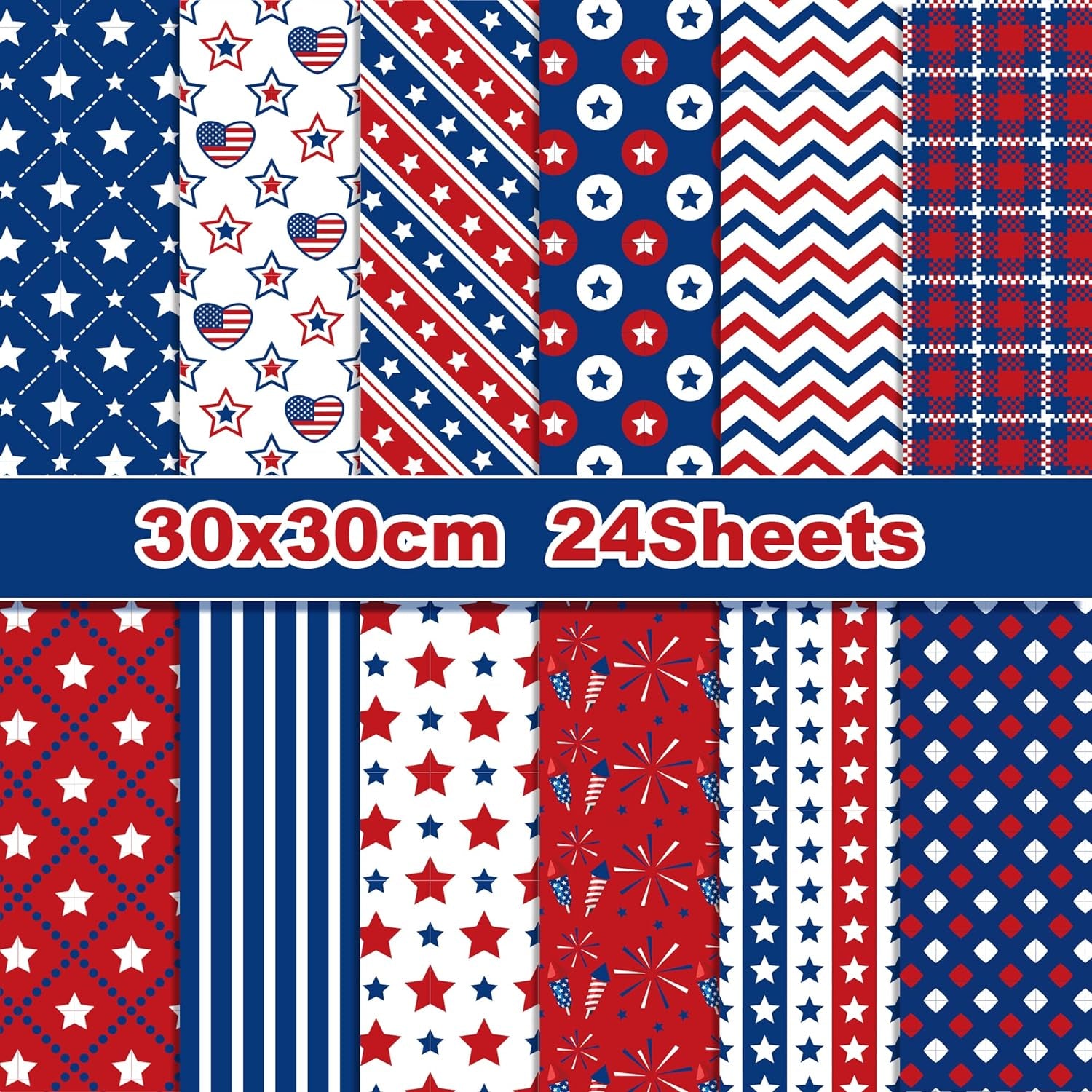 24Sheets Patriotic Pattern Paper 4Th of July Double-Sided Red Blue White Star Scrapbook Paper for Independence Day for Card Making Photo Album Crafts, 11.8&#39;&#39; X 11.8&#39;&#39; (Classic)