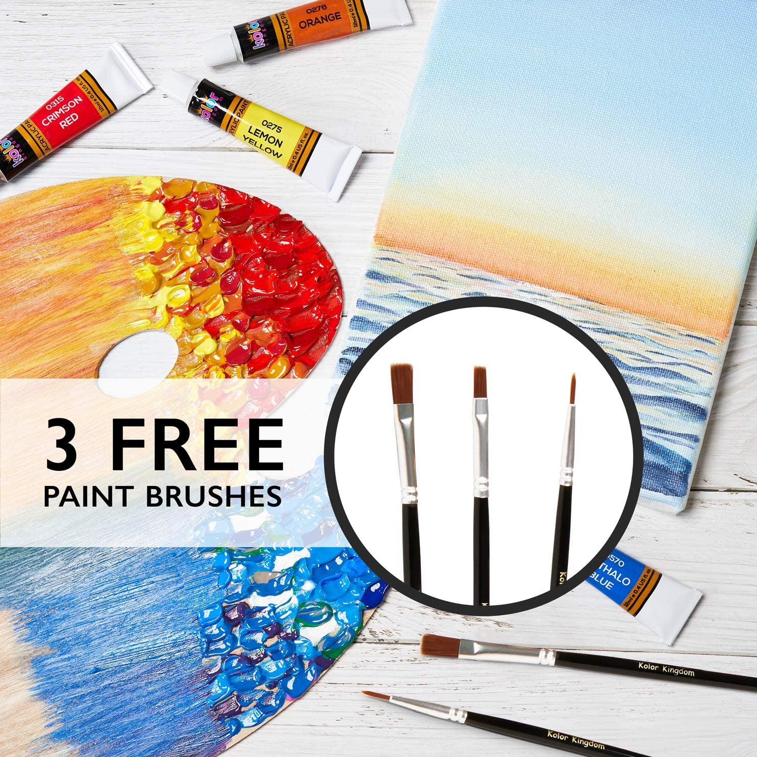 Acrylic Paint Set Canvas Art Paints 24 Colors (0.41Oz,12 Ml) with 3 Brushes - Painting Canvas, Paper, Wood, Rock, Ceramic &amp; Fabric