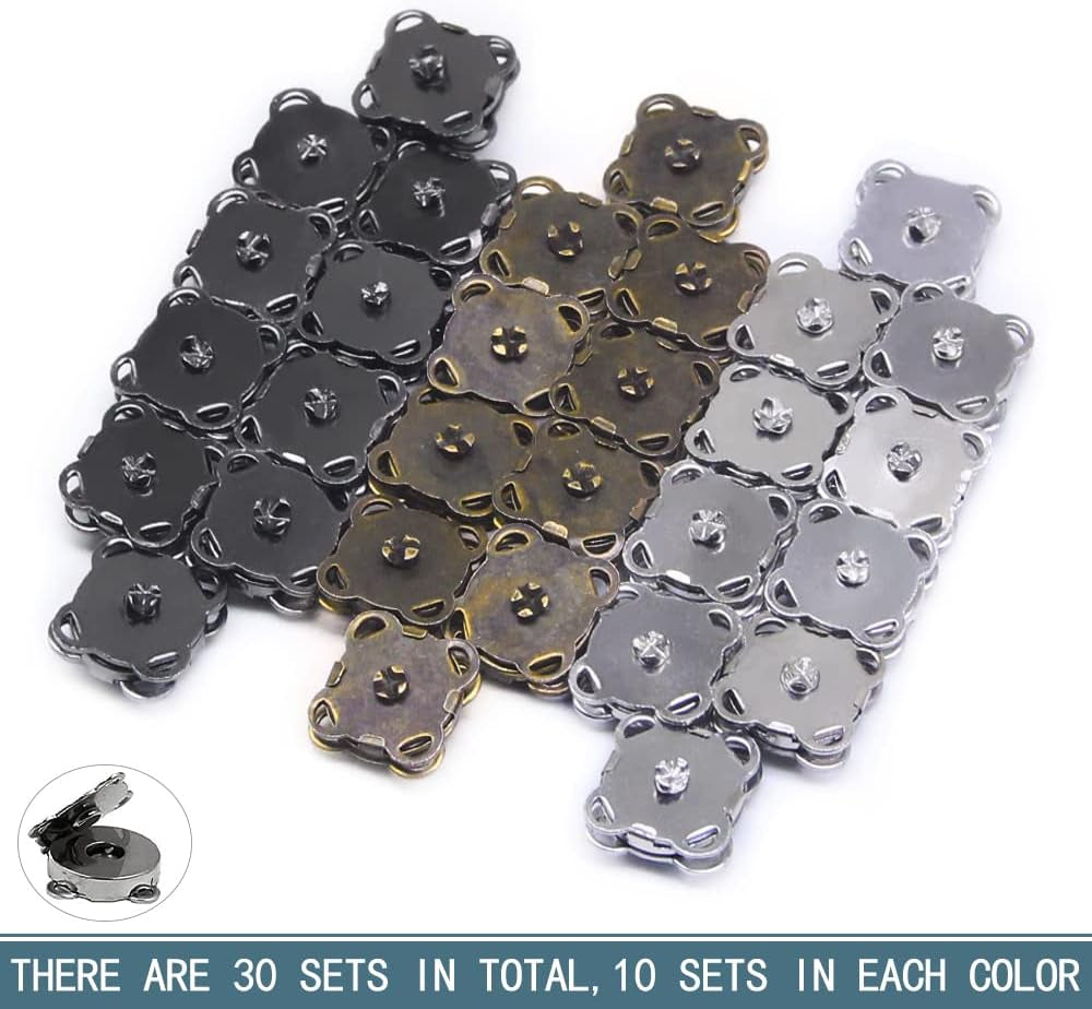 30 Sets Magnetic Snaps Button for Purse Handbag Wallet Overcoat Bag Mixed 3 Colors Fasteners Snap Buttons